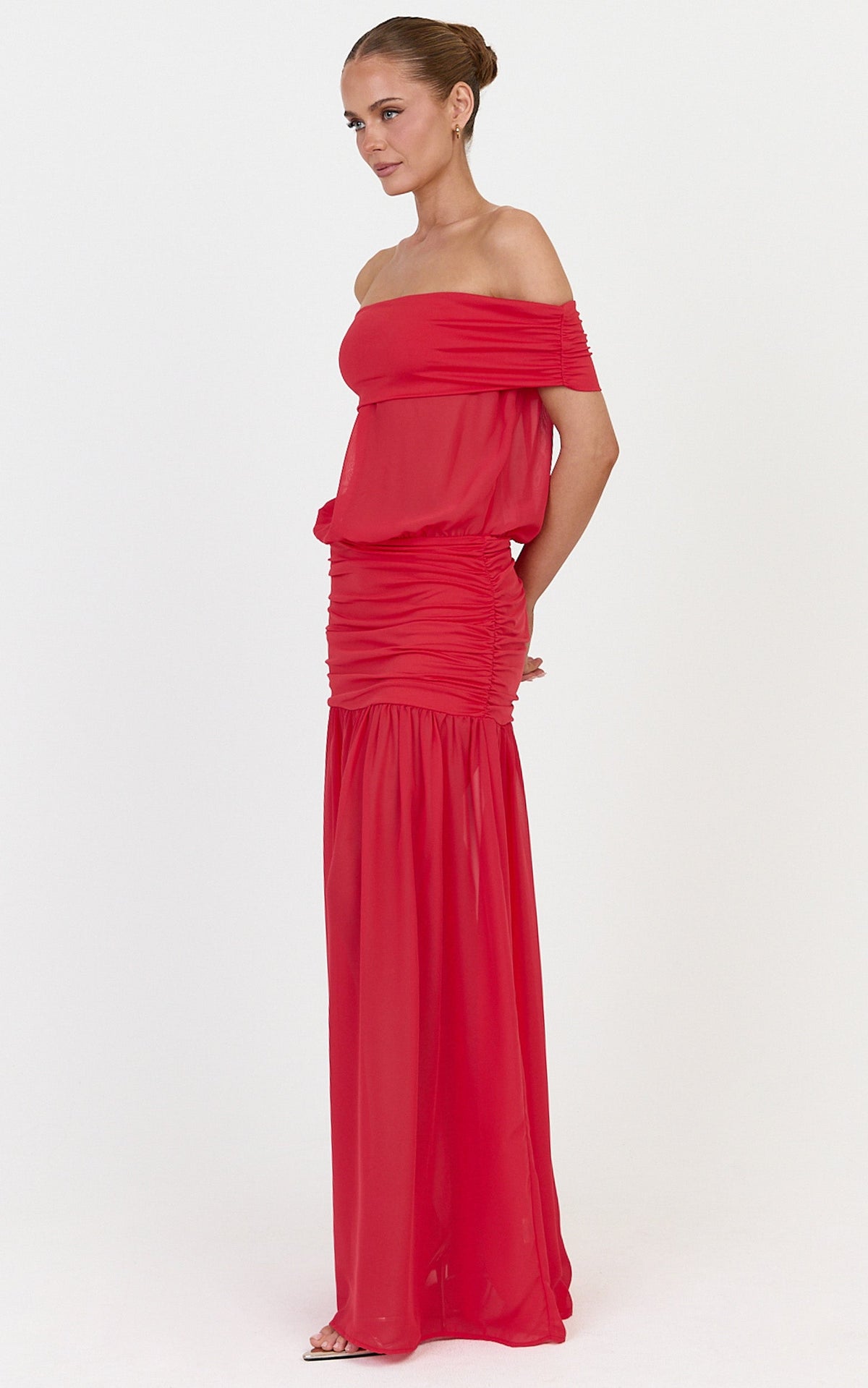 Rafaela Maxi Dress - Off The Shoulder Dropped Waist Dress in Red