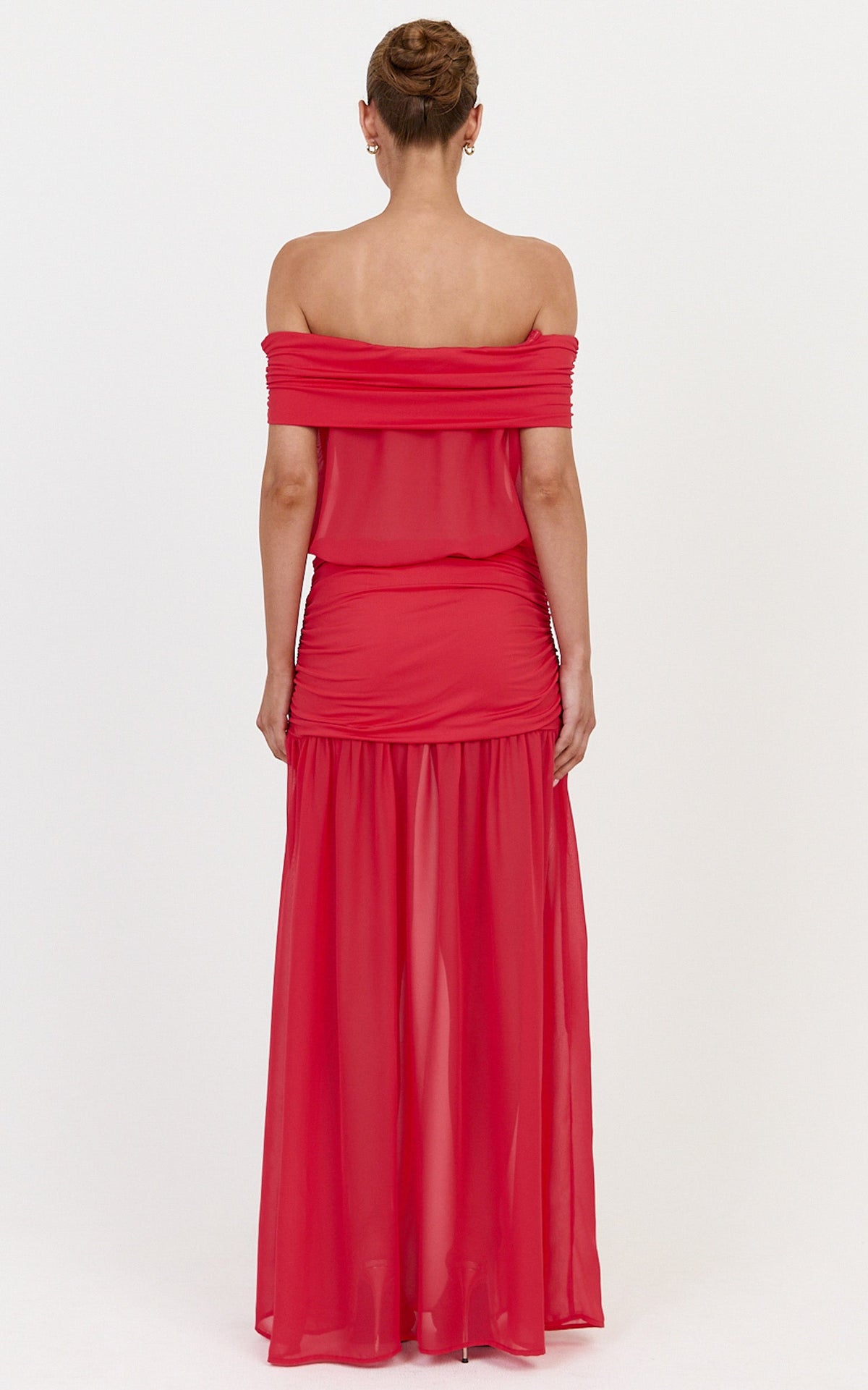 Rafaela Maxi Dress - Off The Shoulder Dropped Waist Dress in Red
