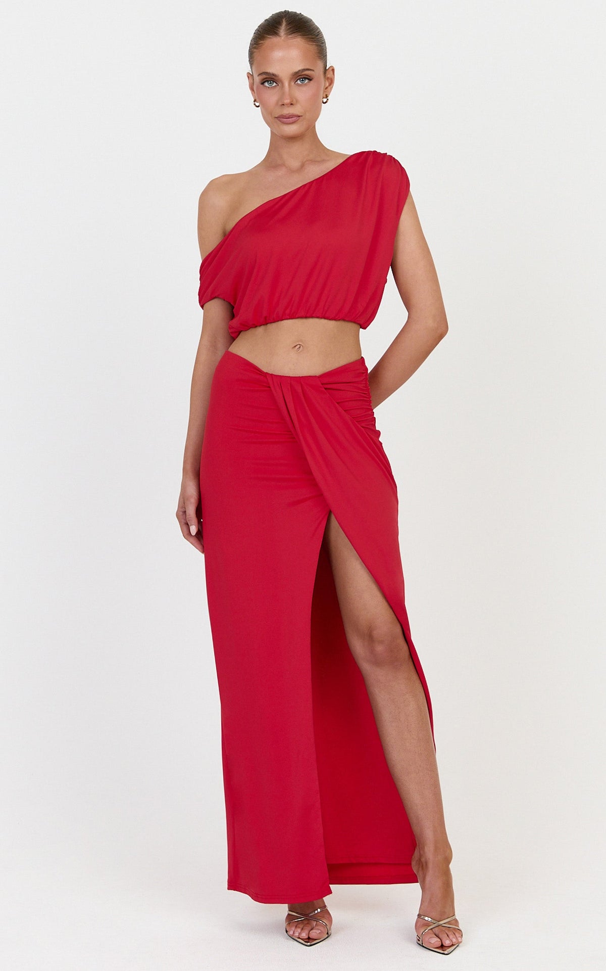 Rafaela Midi Skirt - Tuck Detail Wrap Side Skirt in Red