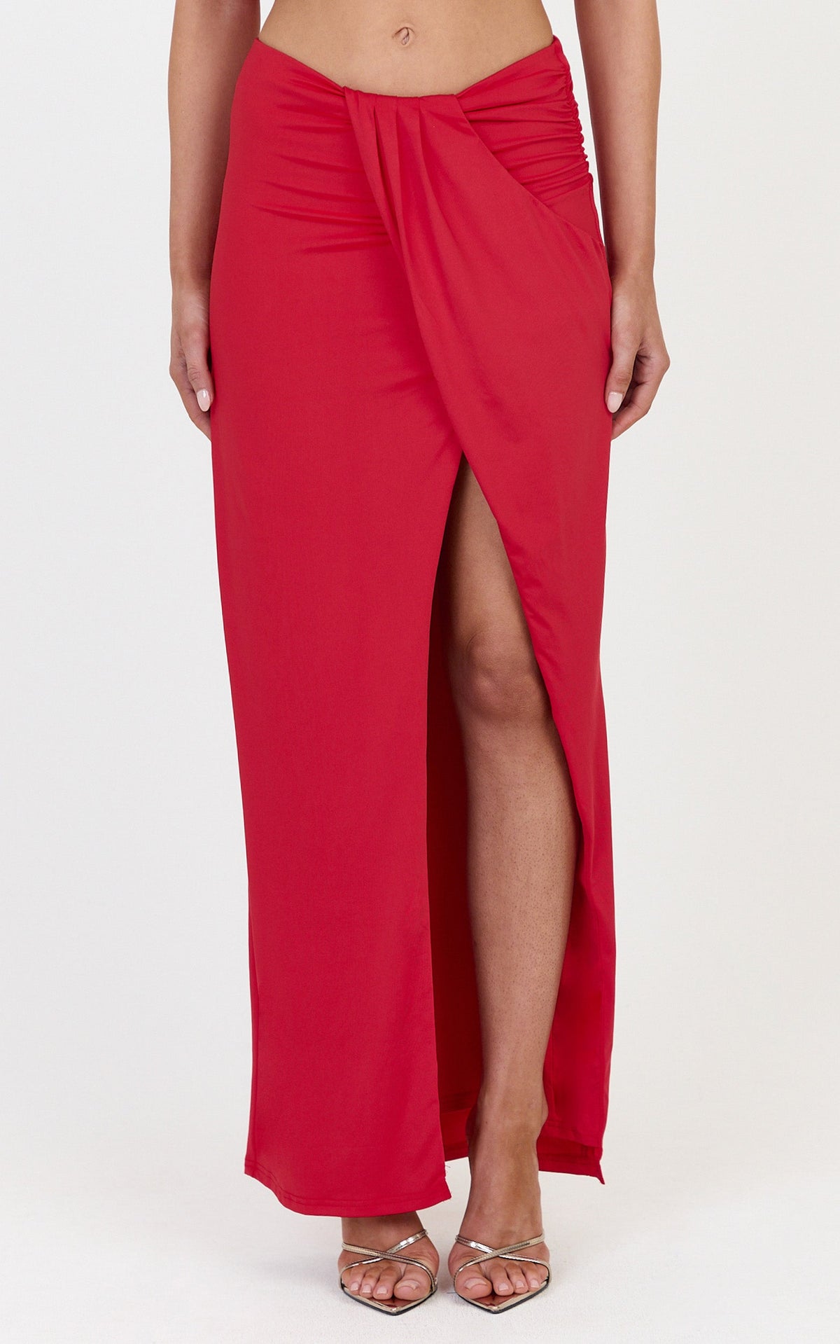 Rafaela Midi Skirt - Tuck Detail Wrap Side Skirt in Red