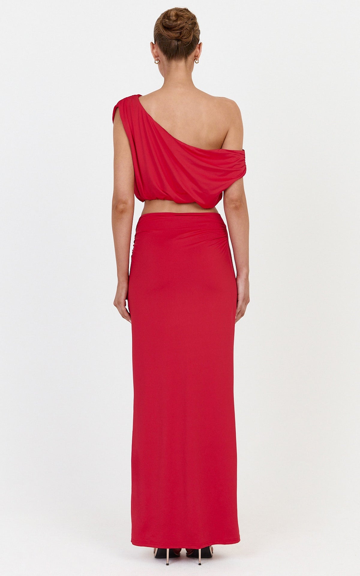 Rafaela Midi Skirt - Tuck Detail Wrap Side Skirt in Red