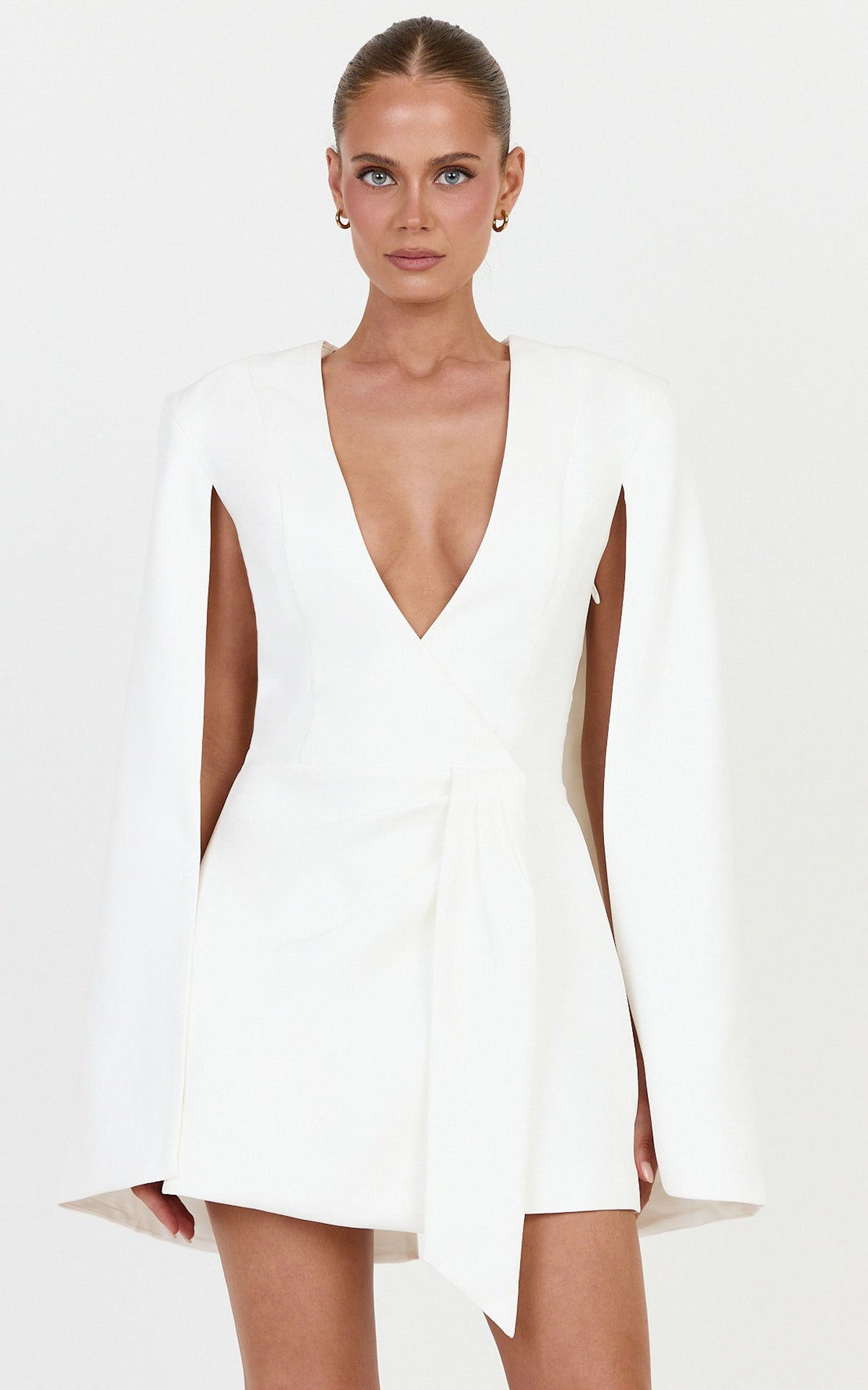 Sabrina Mini Dress - Cape Detail Wrap Skirt Dress in Off White