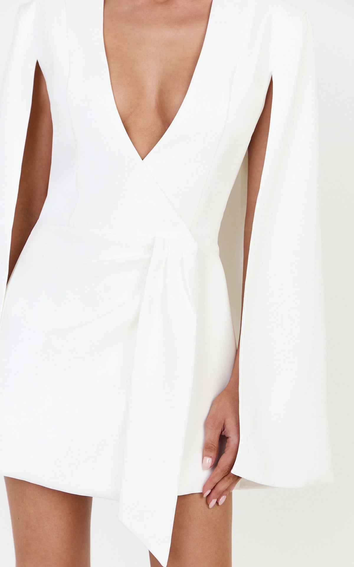 Sabrina Mini Dress - Cape Detail Wrap Skirt Dress in Off White