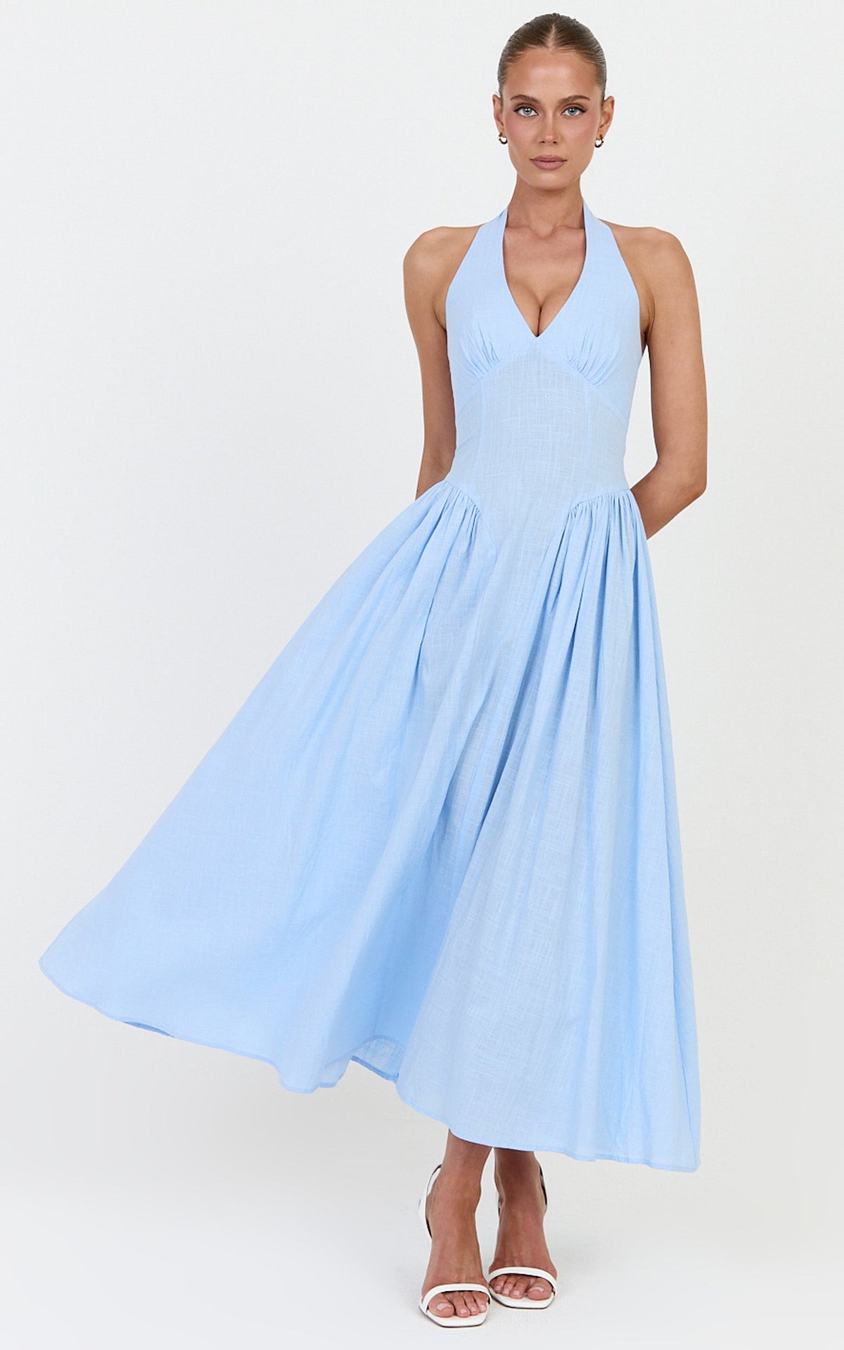 Athena Midi Dress - Halter Drop Waist Dress in Blue