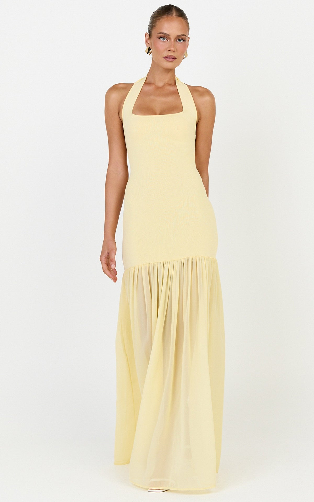 Barbara Maxi Dress - Halter Scoop Neck Contrast Georgette Dress in Lemon