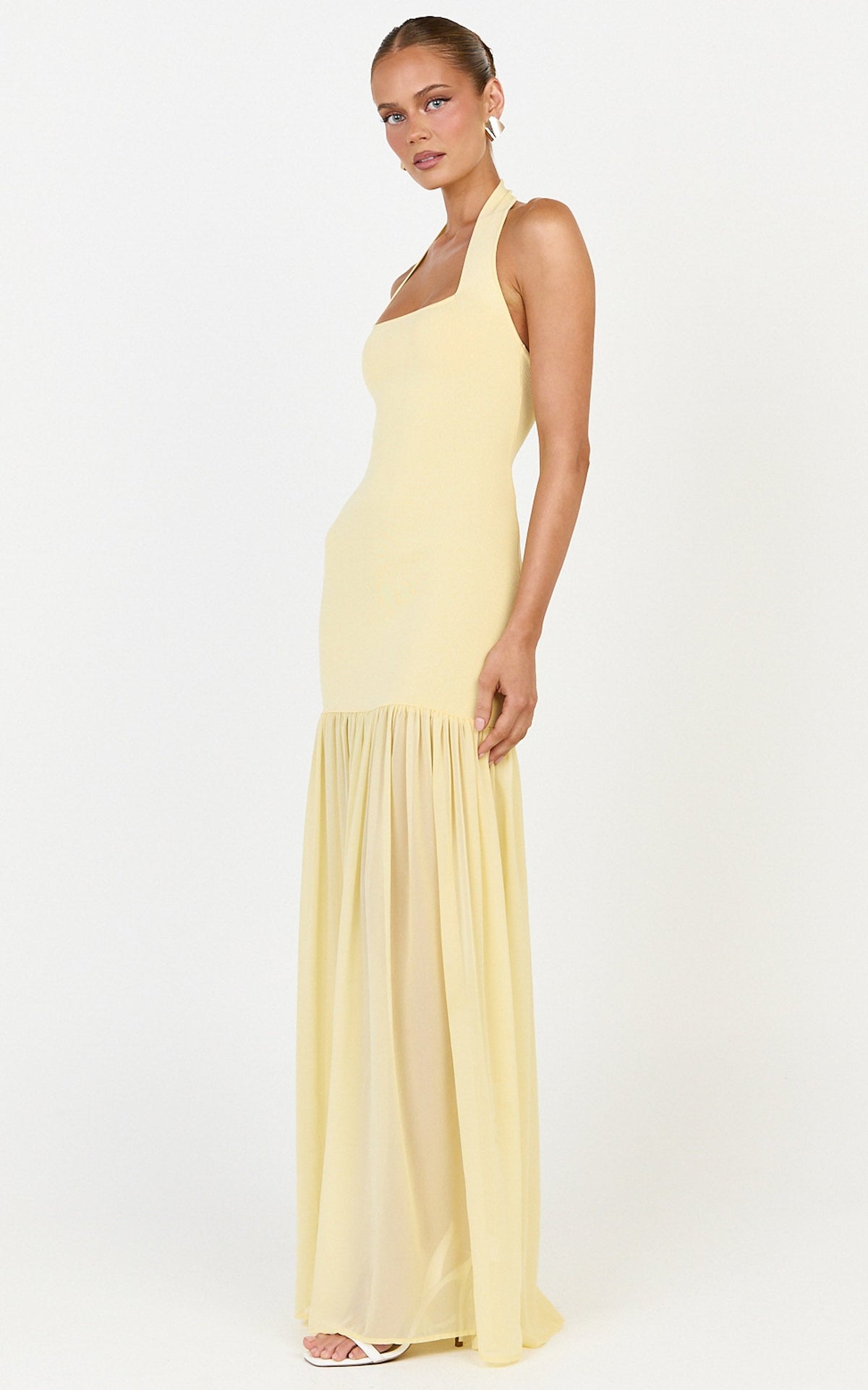 Barbara Maxi Dress - Halter Scoop Neck Contrast Georgette Dress in Lemon