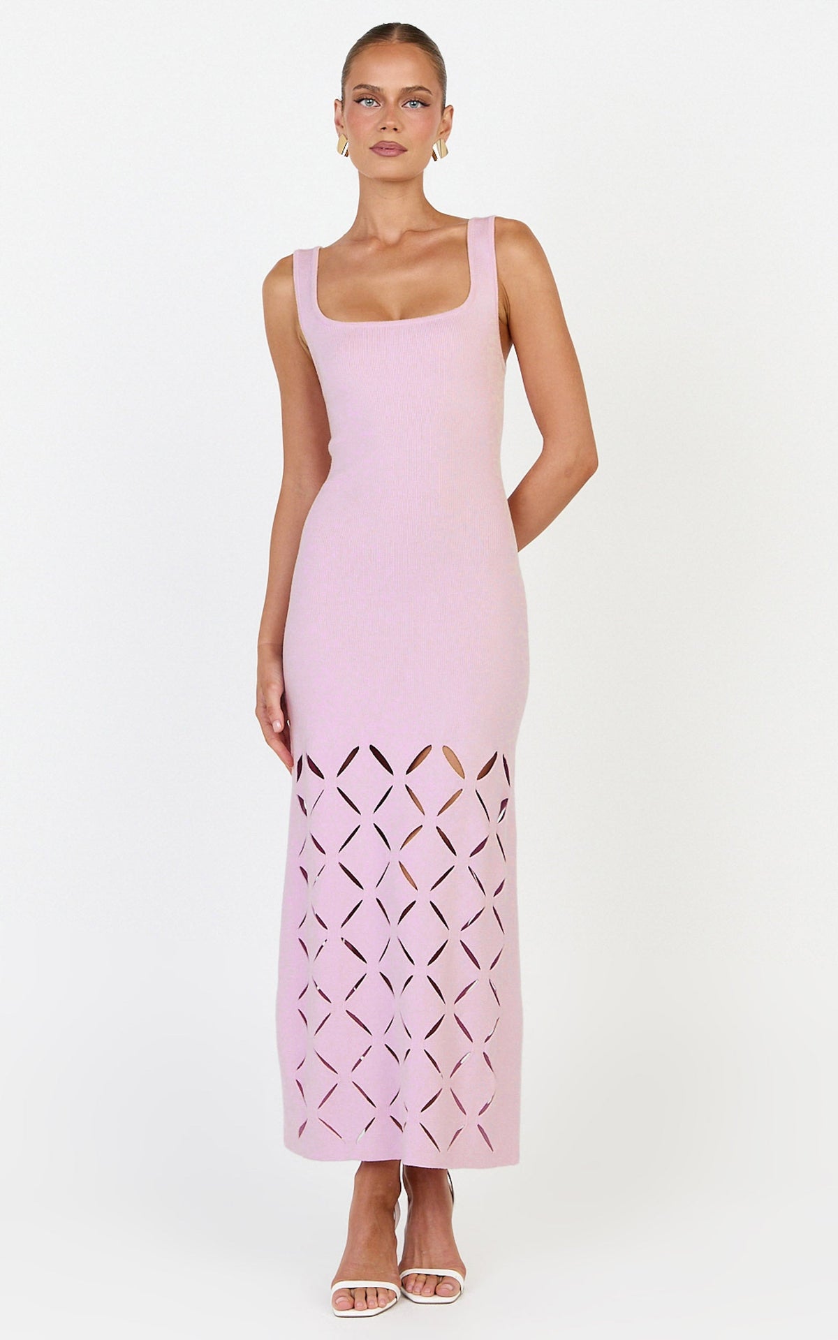 Sabrina Midi Dress - Scoop Neck Laser Cut Dress in Pink