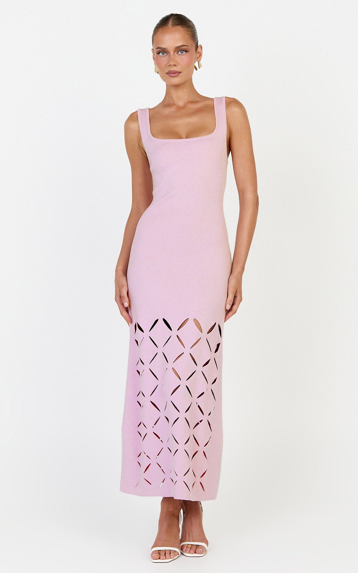 Sabrina Midi Dress - Scoop Neck Laser Cut Dress in Pink