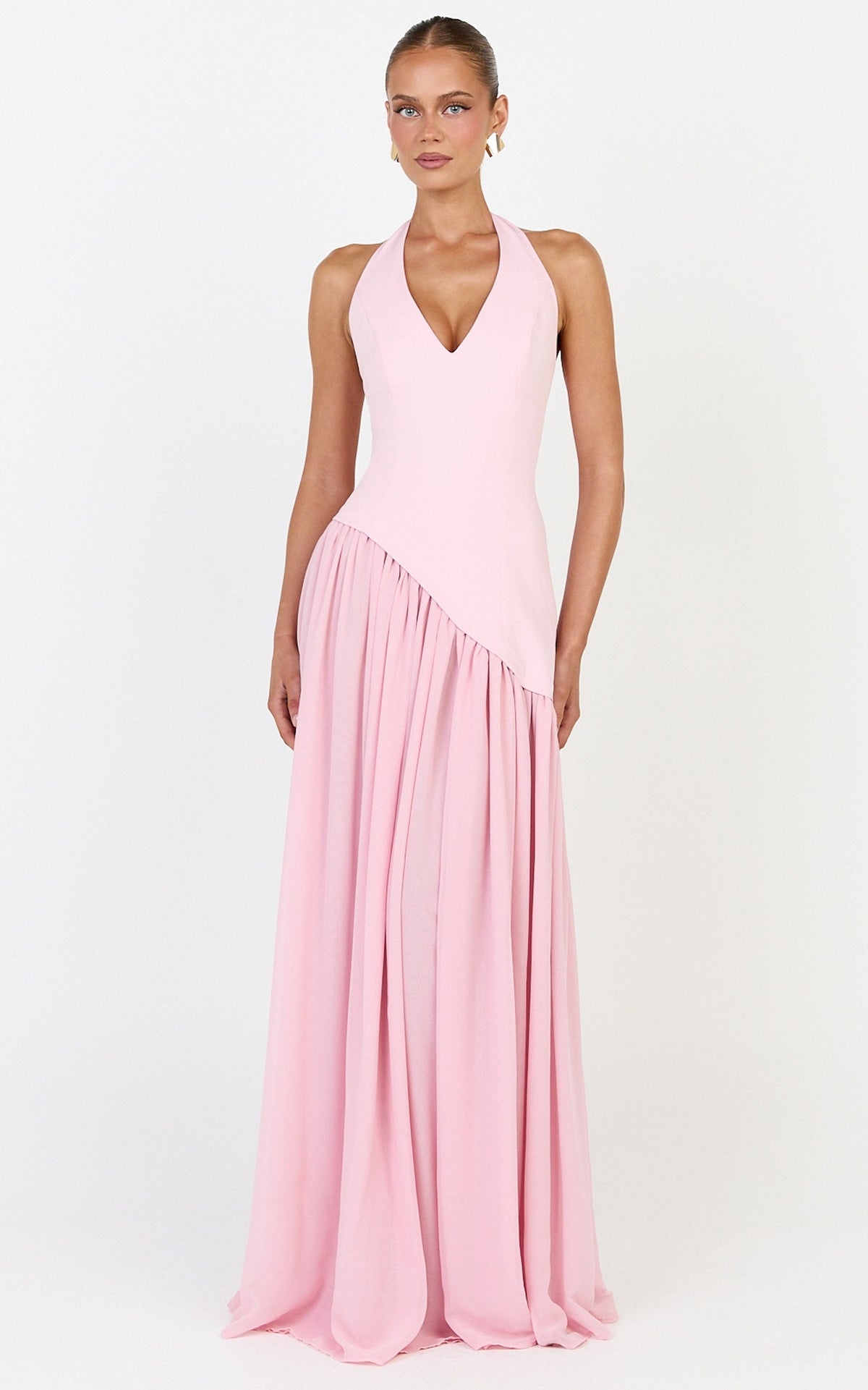 Calla Maxi Dress - Halter Neck Asymmetric Dropped Waist Dress in Pink