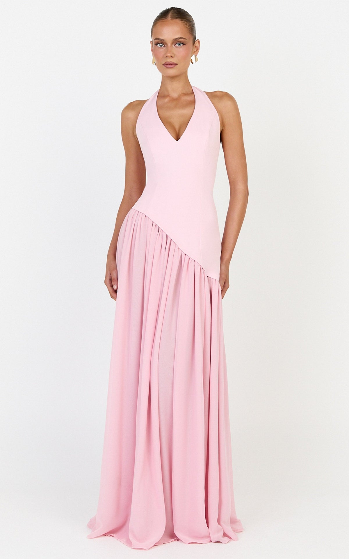Calla Maxi Dress - Halter Neck Asymmetric Dropped Waist Dress in Pink