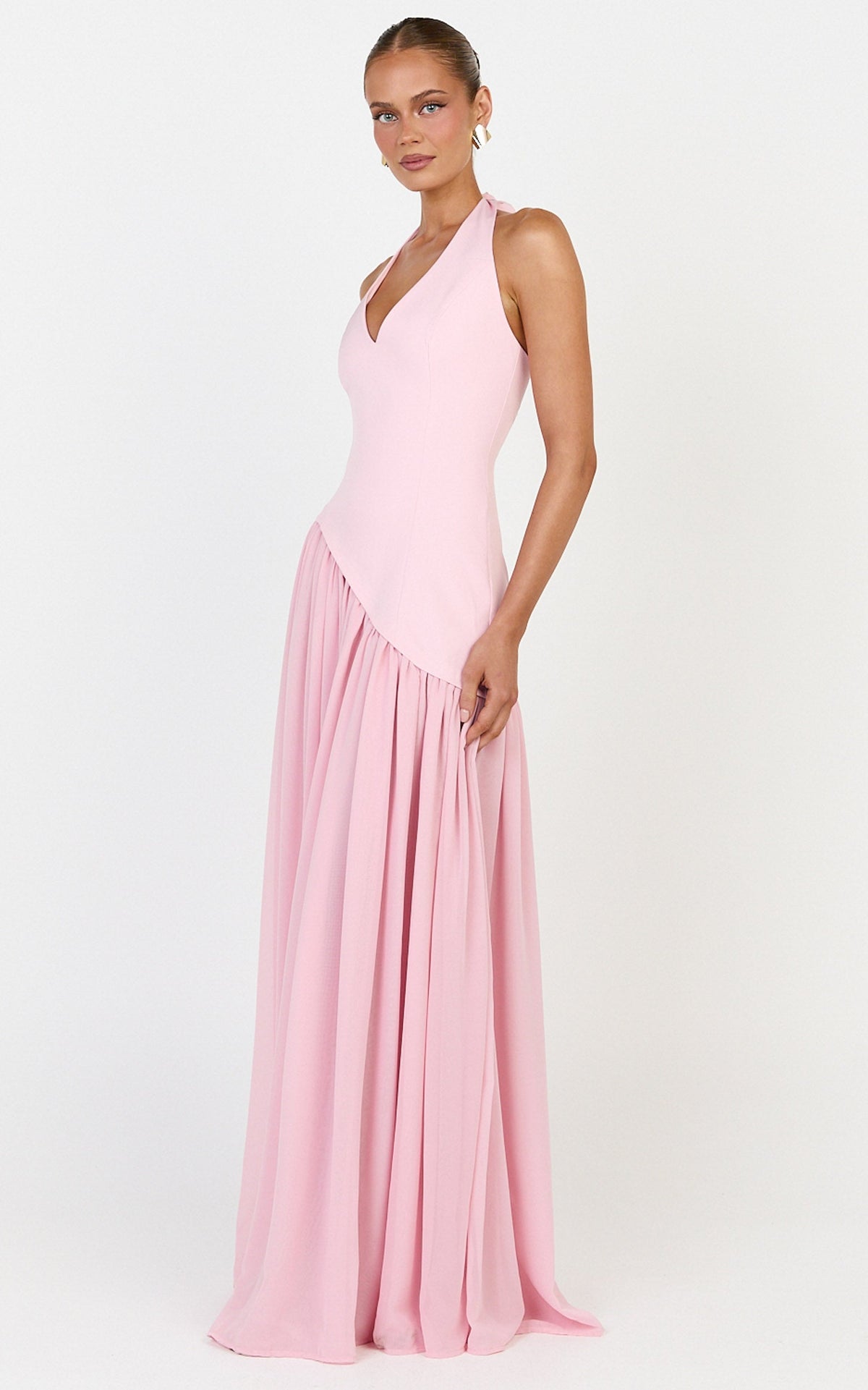 Calla Maxi Dress - Halter Neck Asymmetric Dropped Waist Dress in Pink