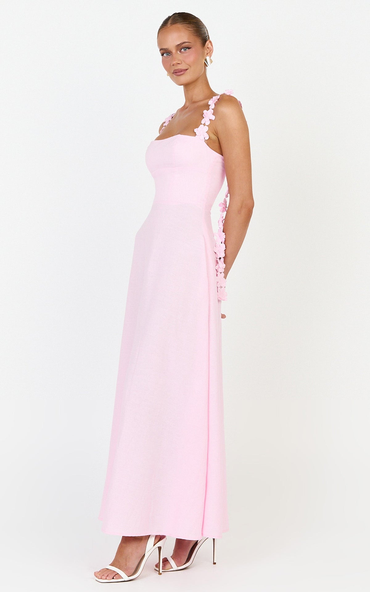 Clementine Midi Dress - 3D Floral Strap Dress in Pink