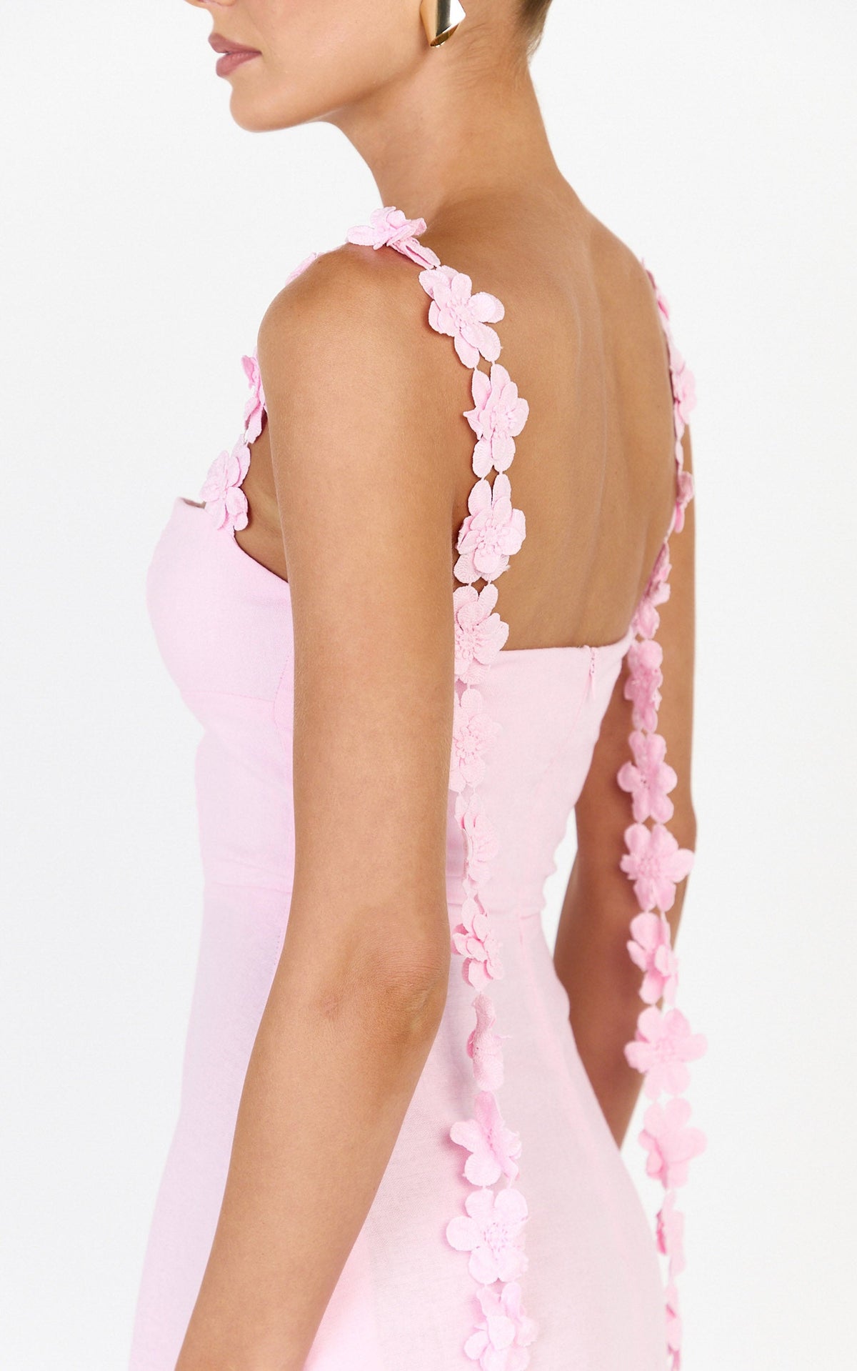 Clementine Midi Dress - 3D Floral Strap Dress in Pink