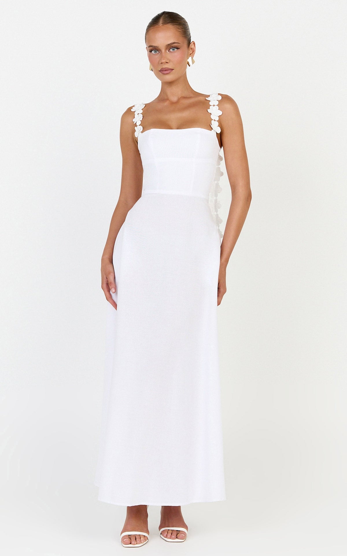 Clementine Midi Dress - 3D Floral Strap Dress in White