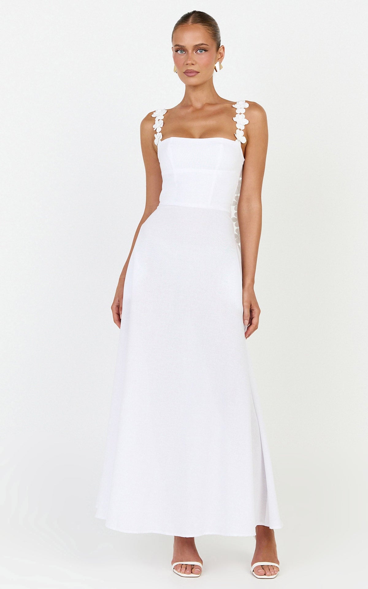 Clementine Midi Dress - 3D Floral Strap Dress in White