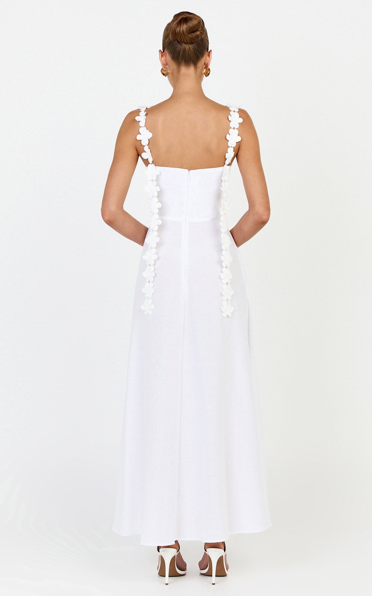 Clementine Midi Dress - 3D Floral Strap Dress in White