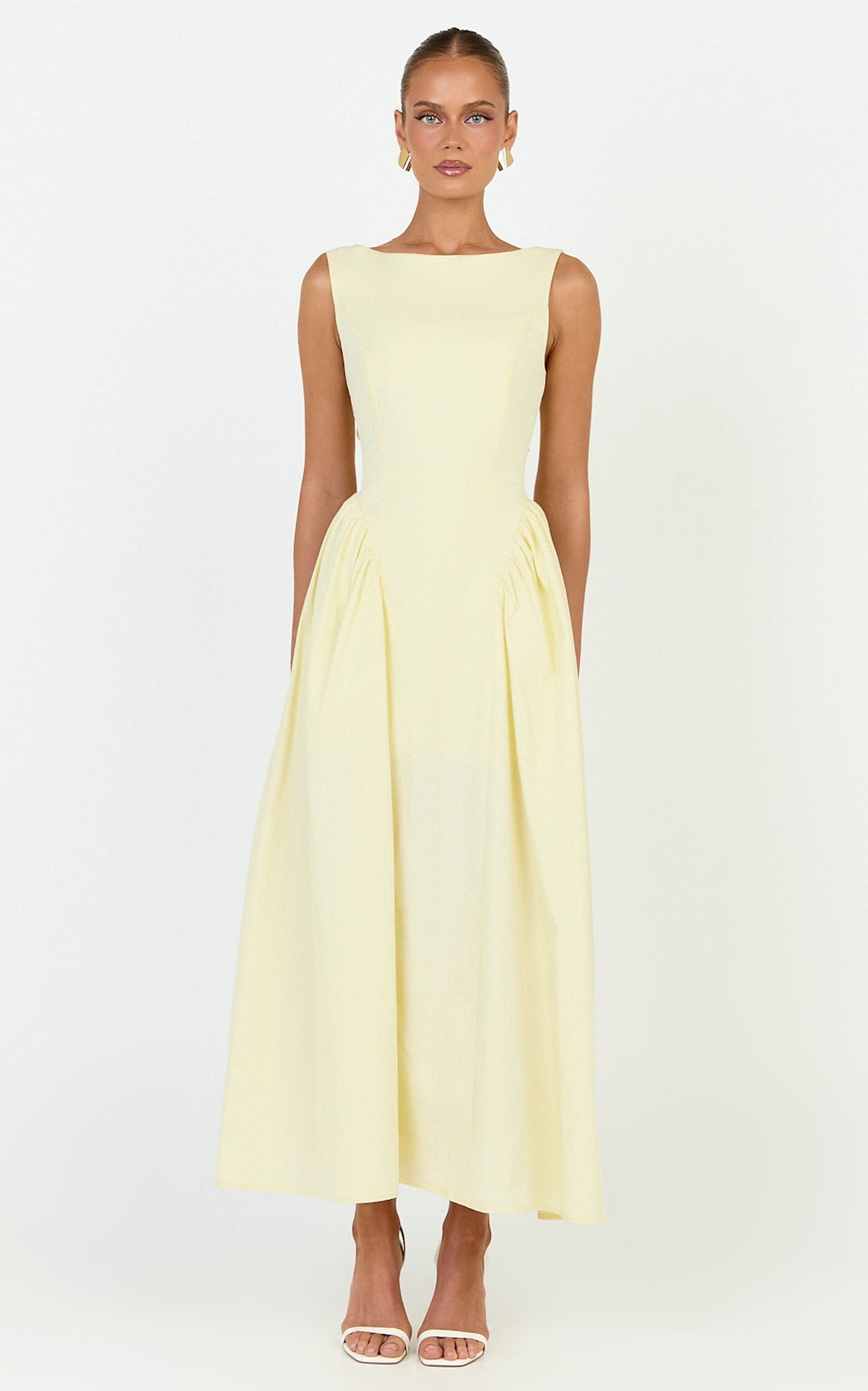 Casina Midi Dress - Boat Neck Tie Back Fit And Flare Dress in Yellow