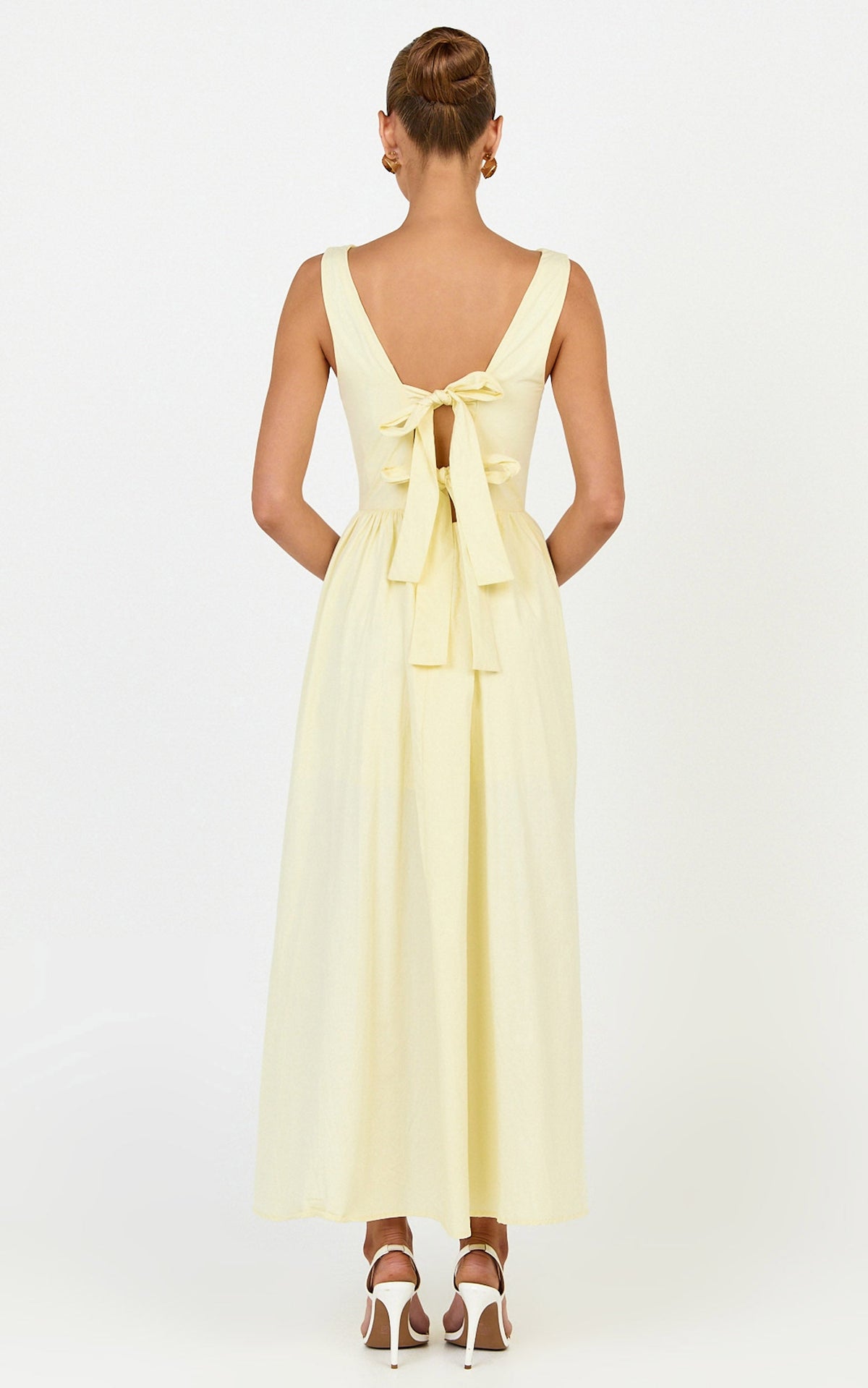 Casina Midi Dress - Boat Neck Tie Back Fit And Flare Dress in Yellow