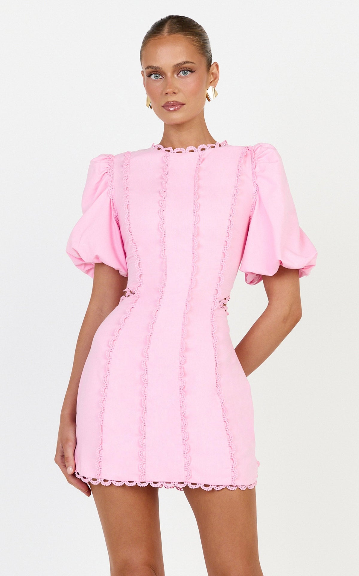 Laila Mini Linen Blend Dress - High Neck Side Cut Out Puff Sleeve Straight Dress in Pink