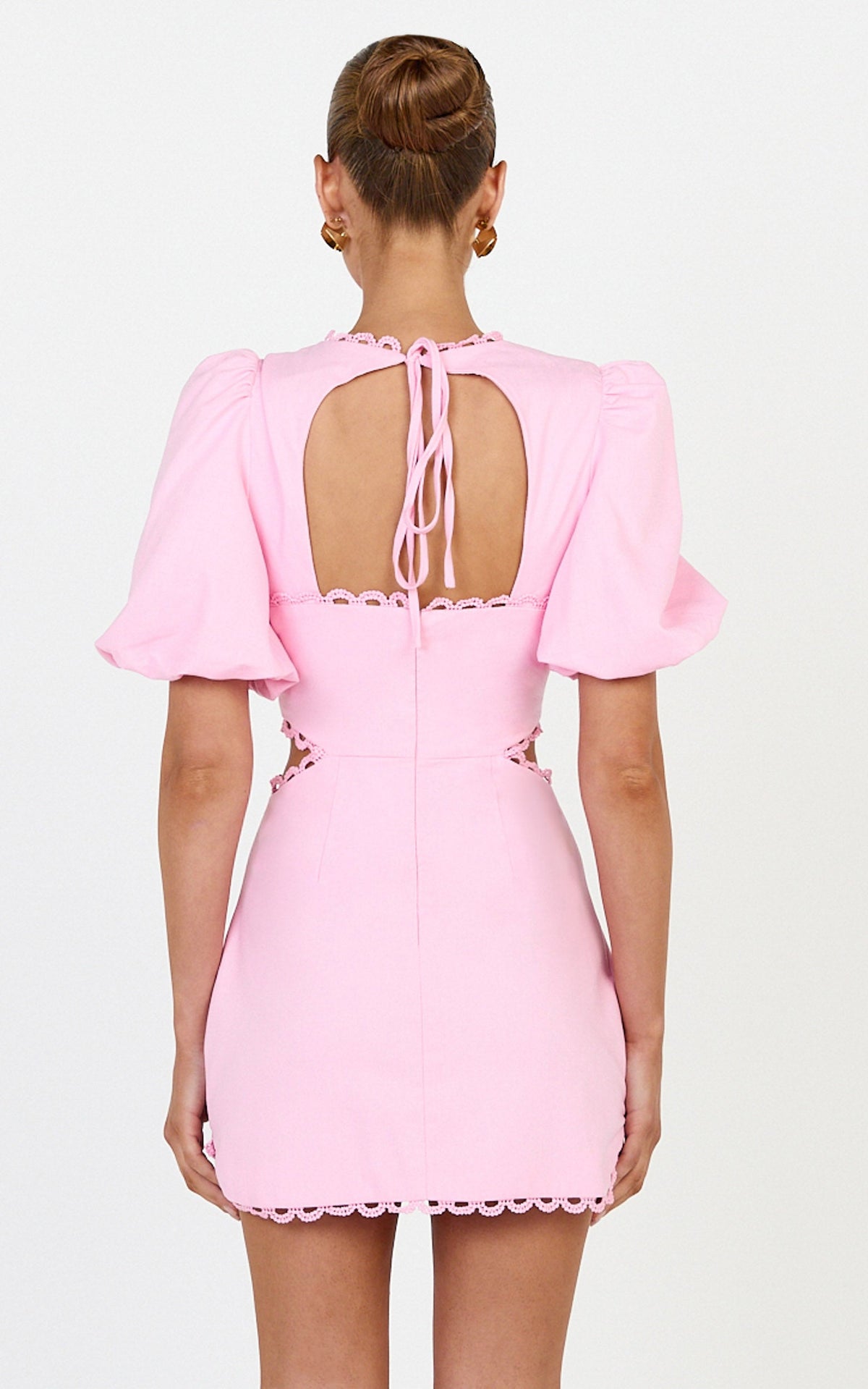 Laila Mini Linen Blend Dress - High Neck Side Cut Out Puff Sleeve Straight Dress in Pink