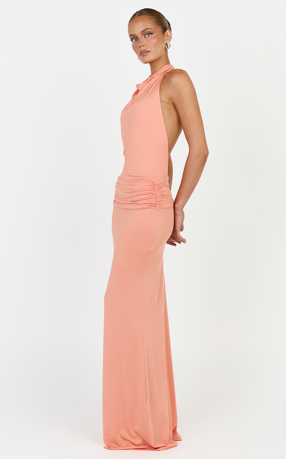 Lizzy Maxi Dress - Backless Ruched Bodycon Dress in Coral