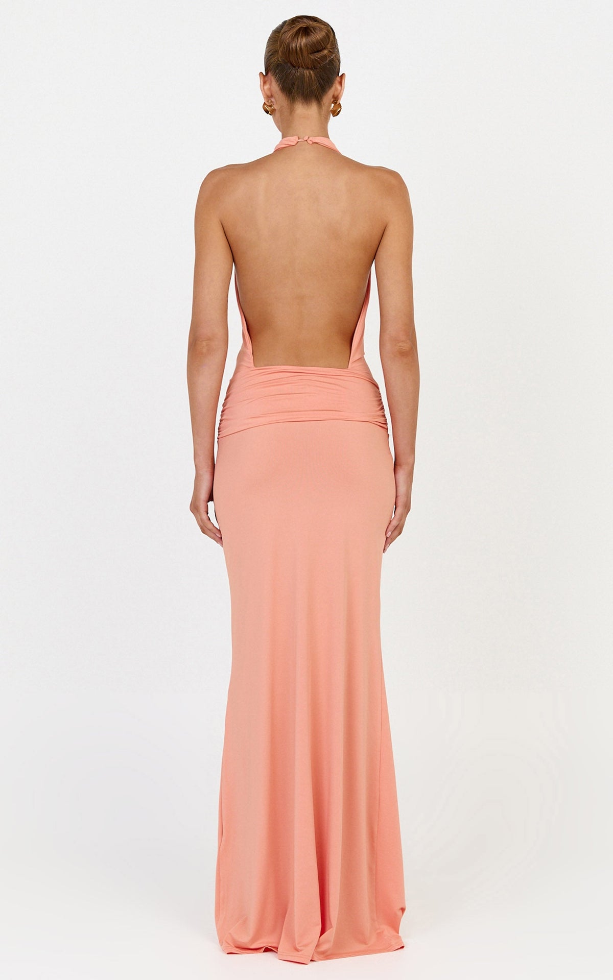 Lizzy Maxi Dress - Backless Ruched Bodycon Dress in Coral