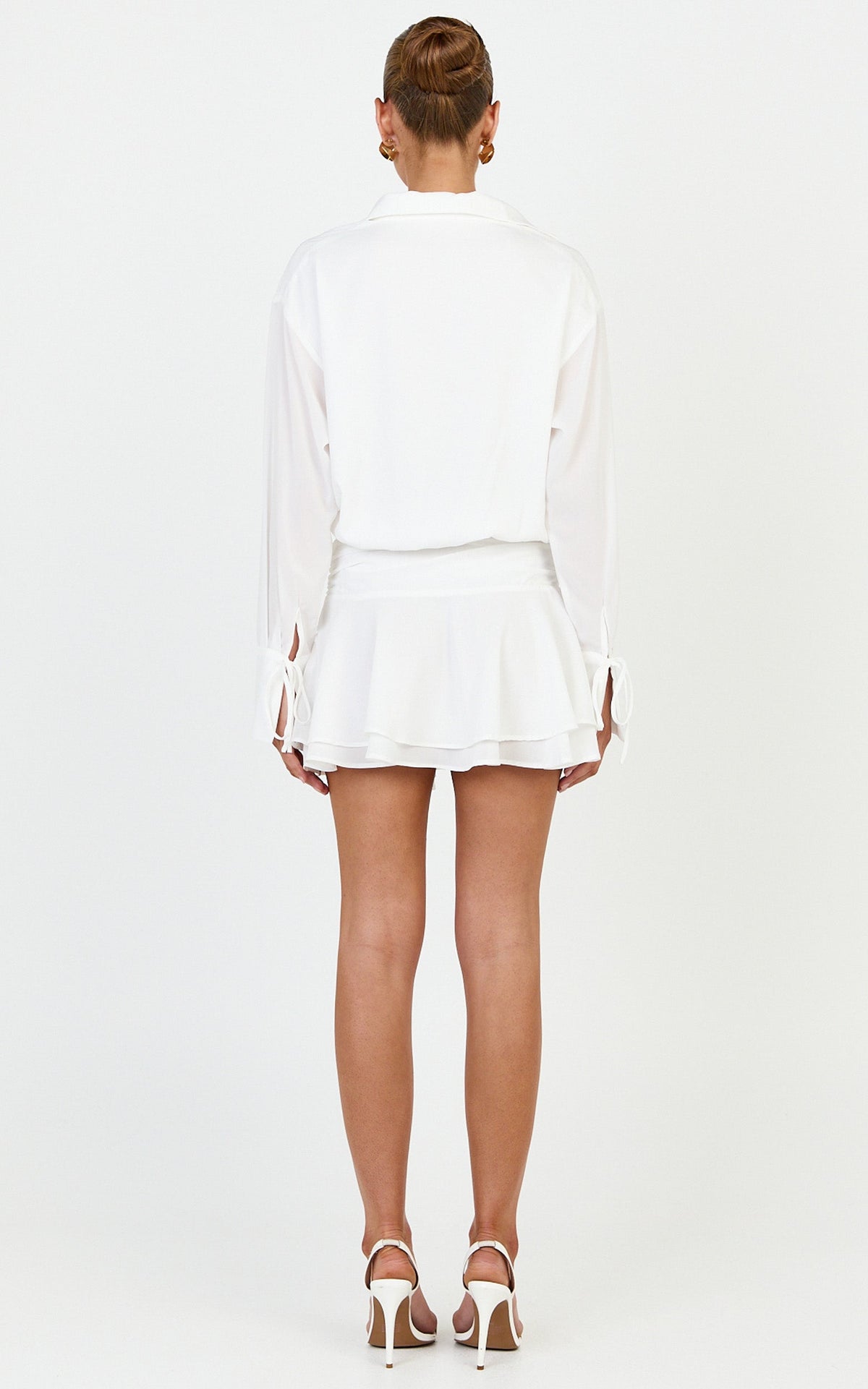 Melanie Mini Dress -  Tie Front Long Sleeve Shirt Dress in White