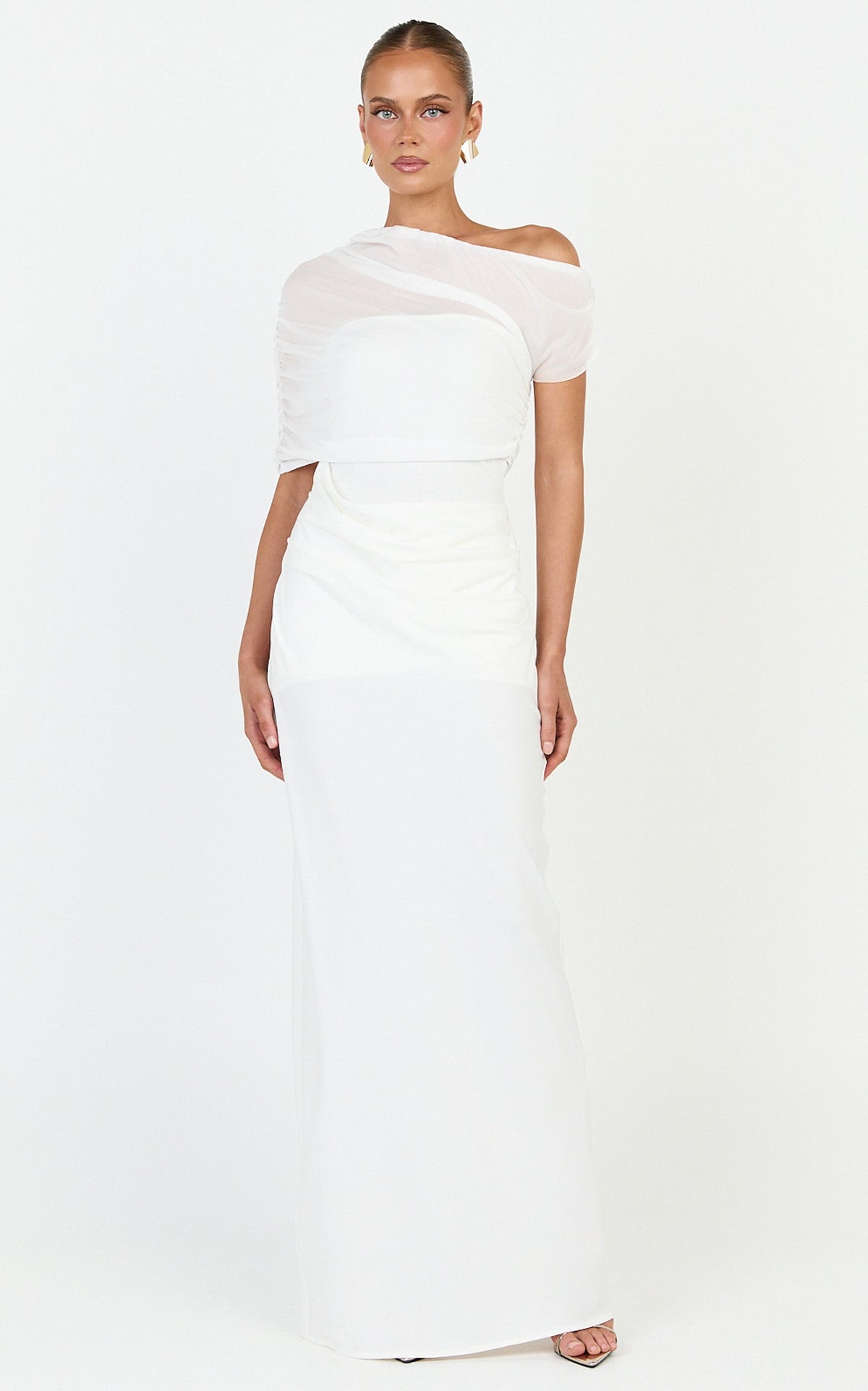 Nami Maxi Dress - Overlay Off Shoulder Draped Cowl Waist Dress in White