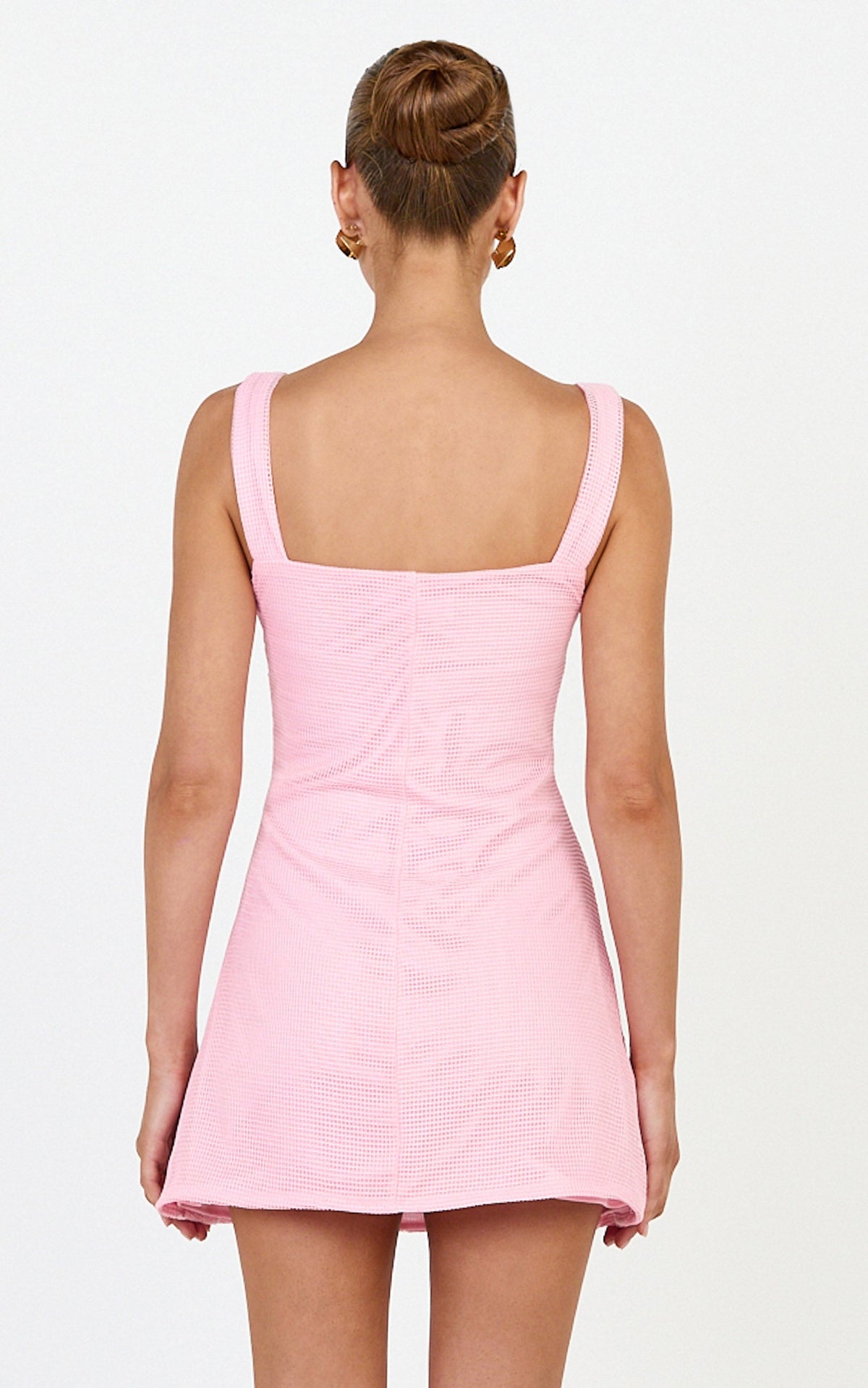 Sienna Mini Dress - Square Neck Floral Embroidered A Line Dress in Light Pink