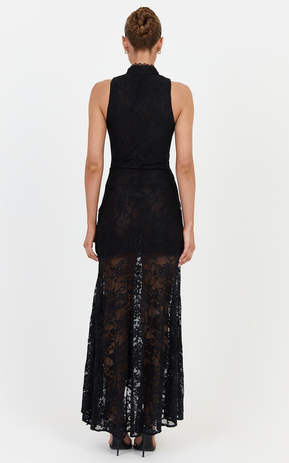 Nyla Midi Dress - Sleeveless Collared Keyhole Lace Hip Tie Dress in Black