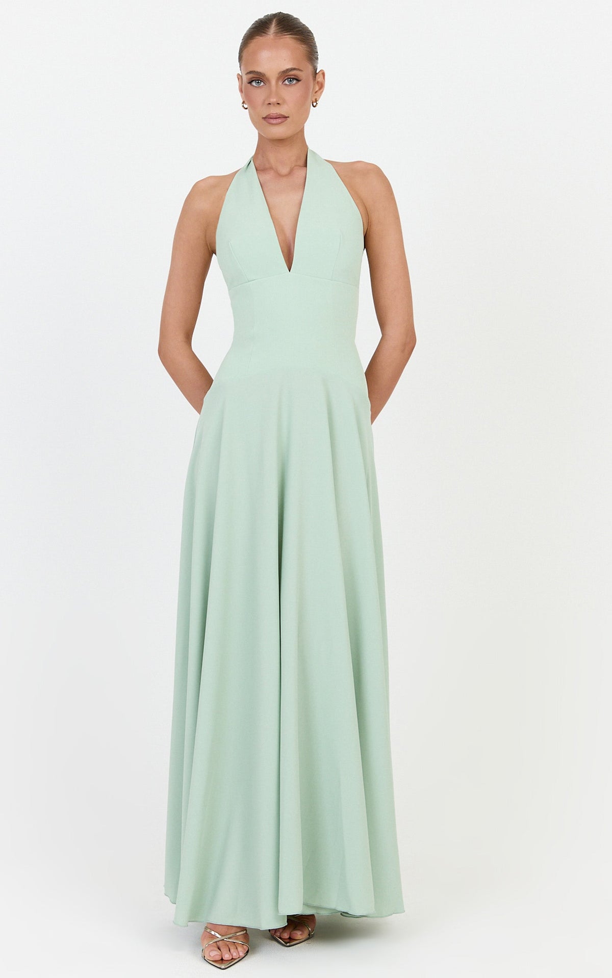 Poppy Maxi Dress - Contrast Skirt Deep Plunge Halter Dress in Sage