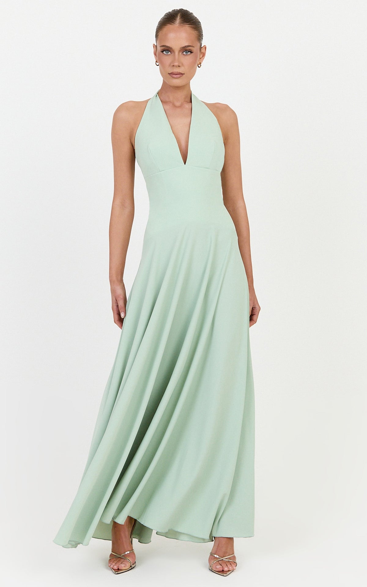 Poppy Maxi Dress - Contrast Skirt Deep Plunge Halter Dress in Sage