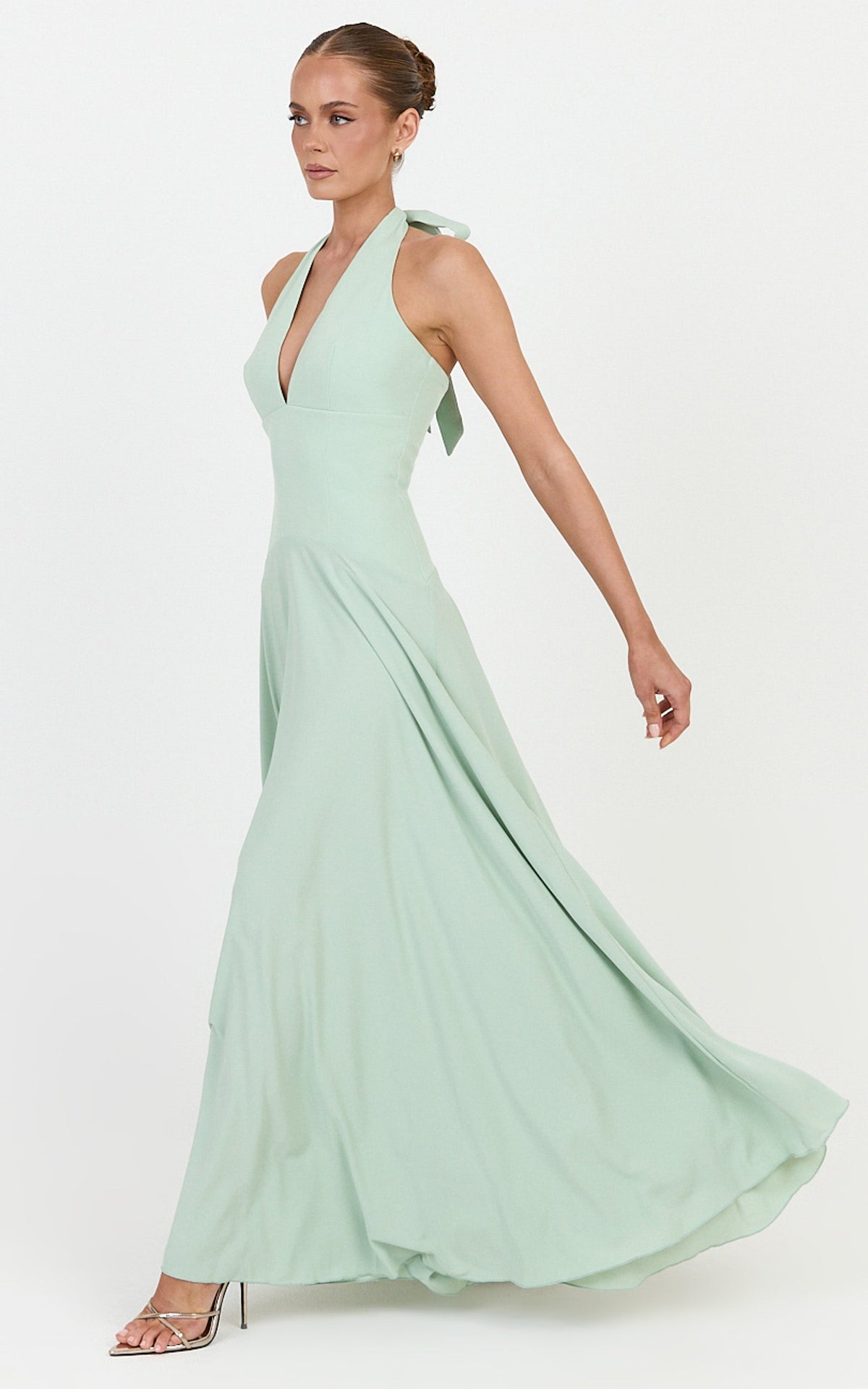 Poppy Maxi Dress - Contrast Skirt Deep Plunge Halter Dress in Sage