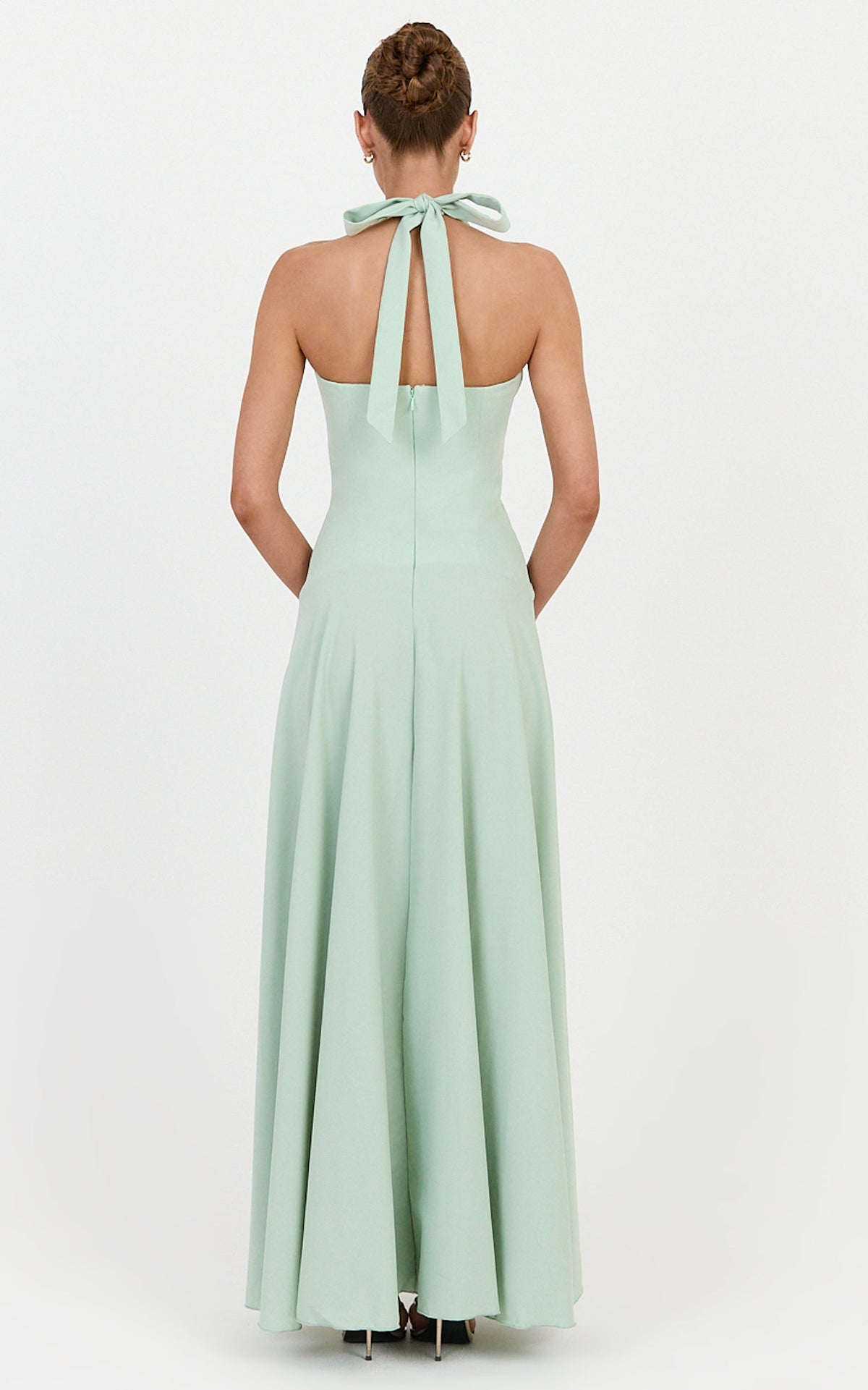 Poppy Maxi Dress - Contrast Skirt Deep Plunge Halter Dress in Sage