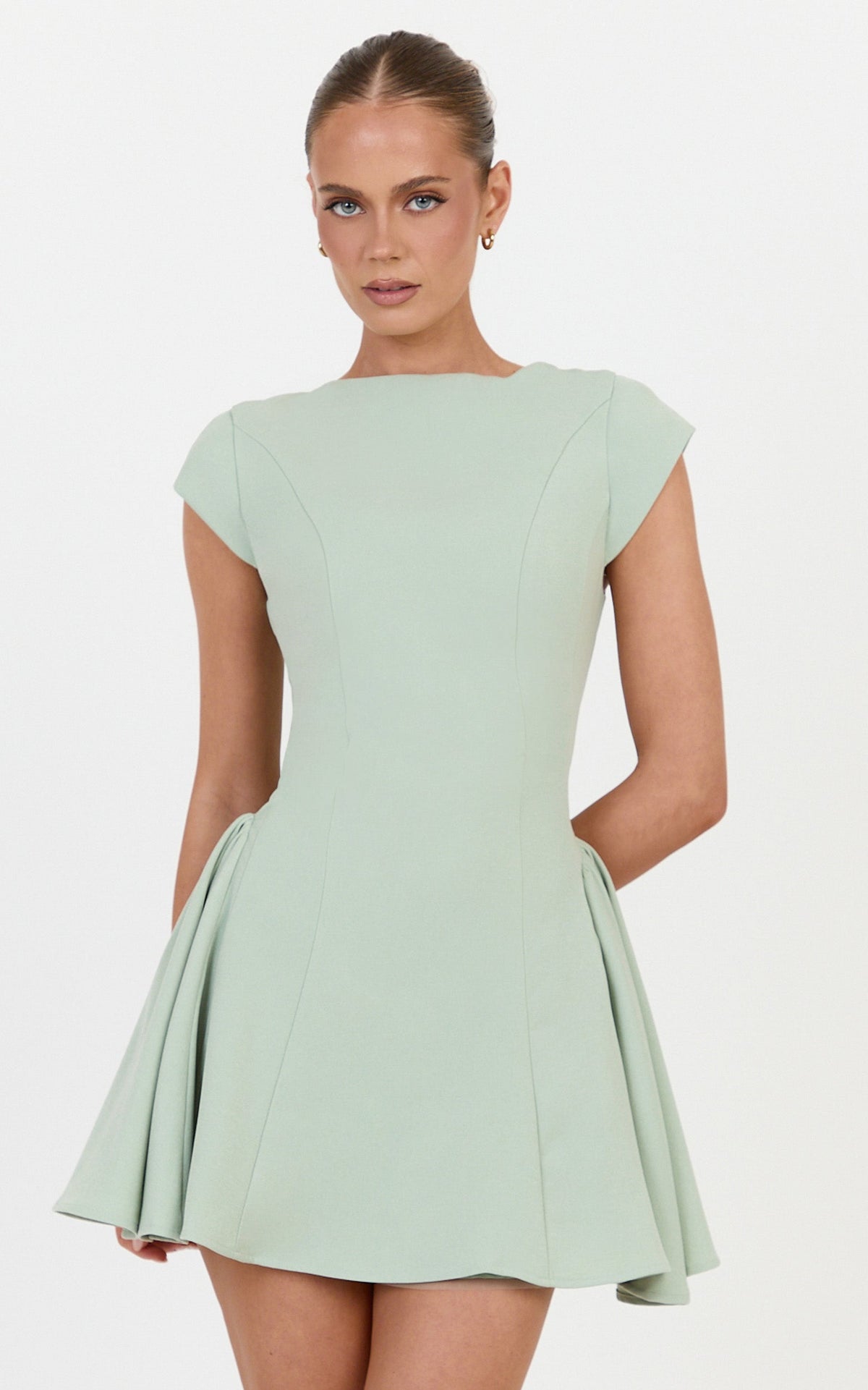 Lorayne Mini Dress - Cap Sleeve Gathered Hip Tie Back Mini Dress in Sage