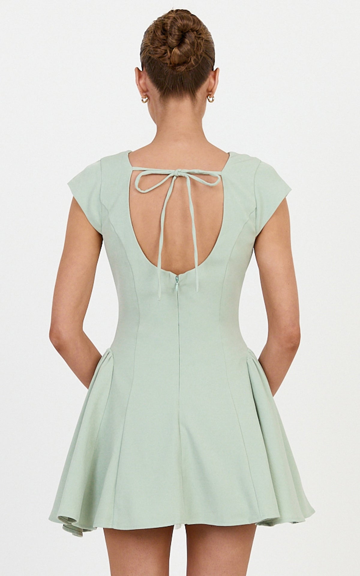 Lorayne Mini Dress - Cap Sleeve Gathered Hip Tie Back Mini Dress in Sage