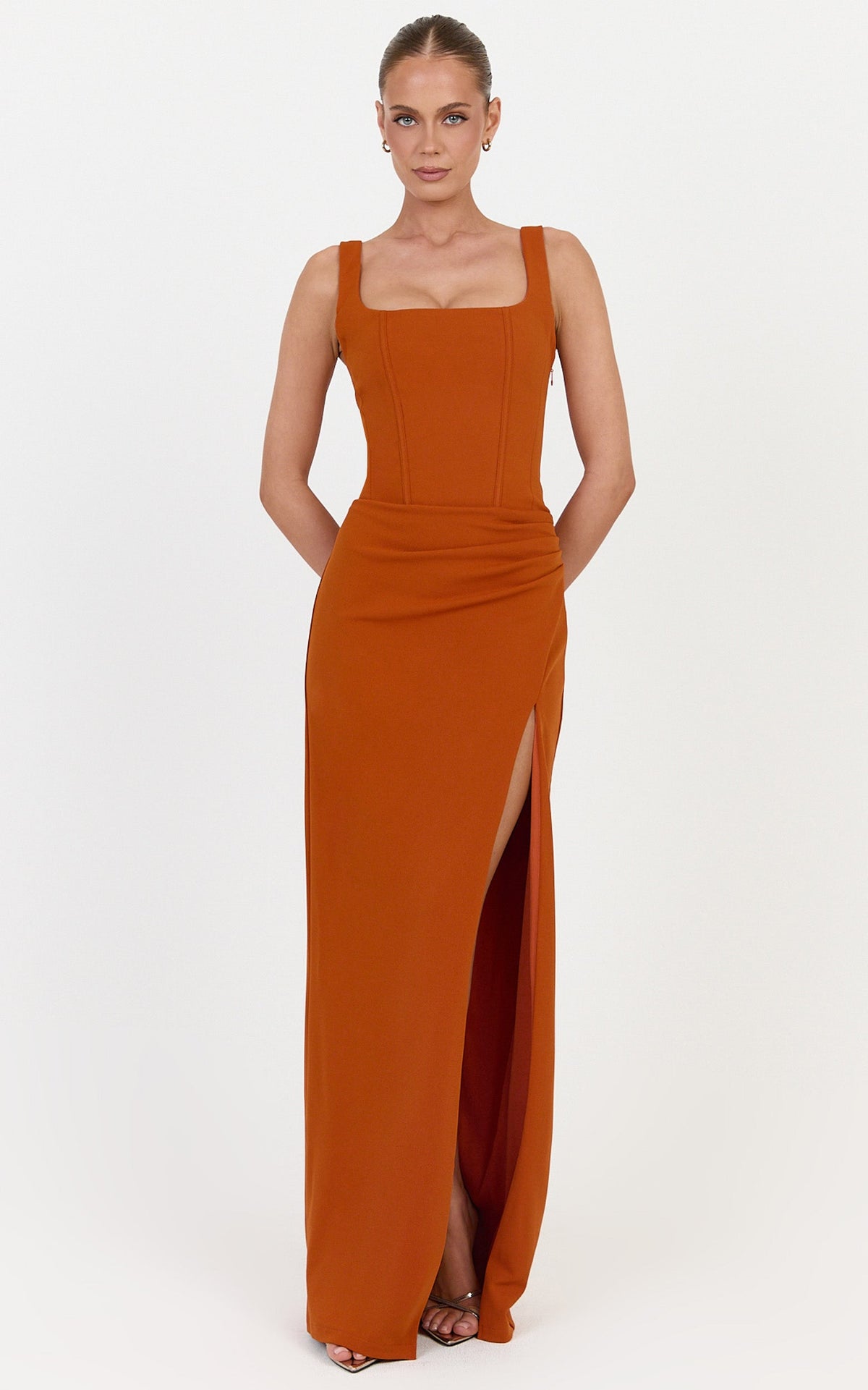 Amara Maxi Dress - Corset Bodice Lace Up Dress in Burnt Orange