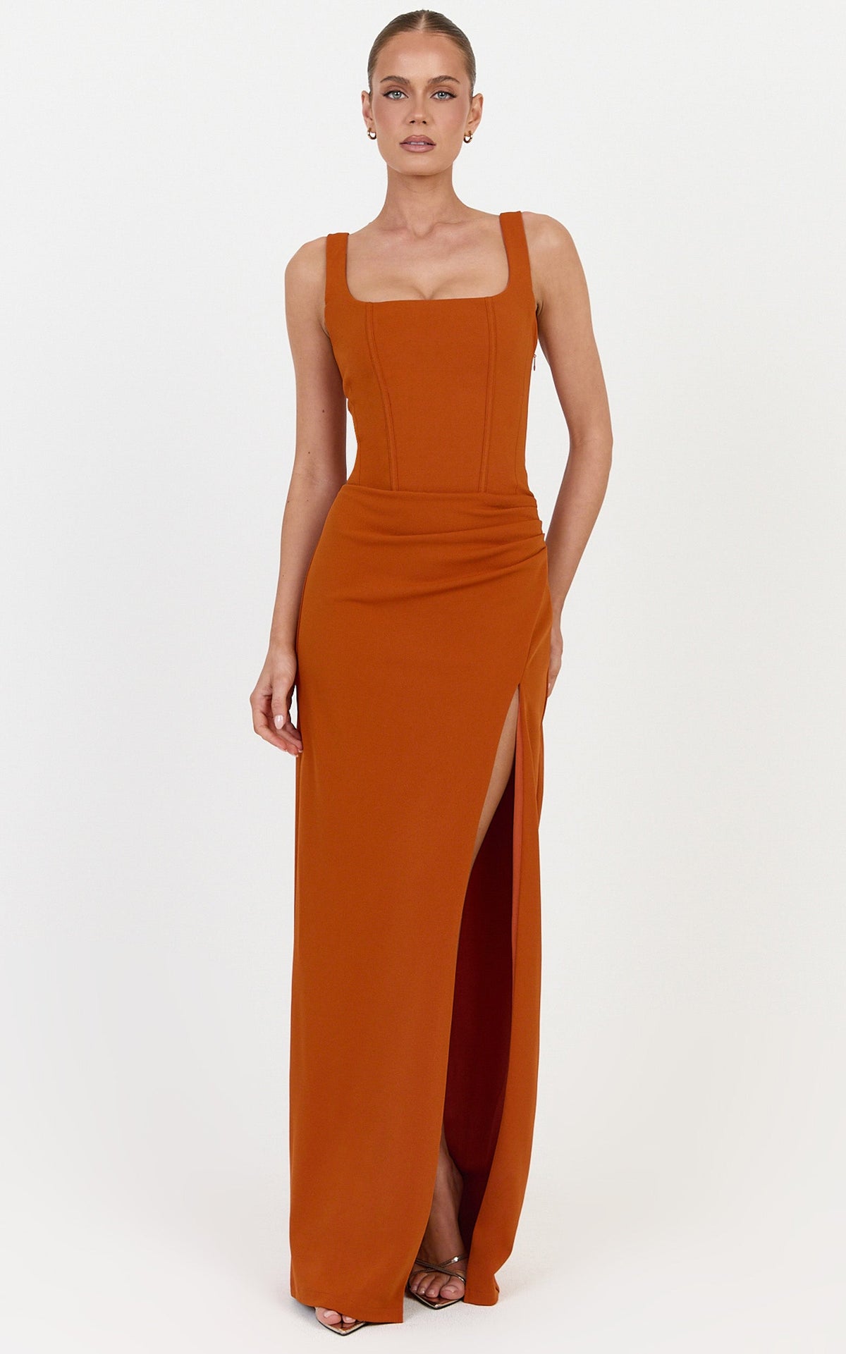 Amara Maxi Dress - Corset Bodice Lace Up Dress in Burnt Orange
