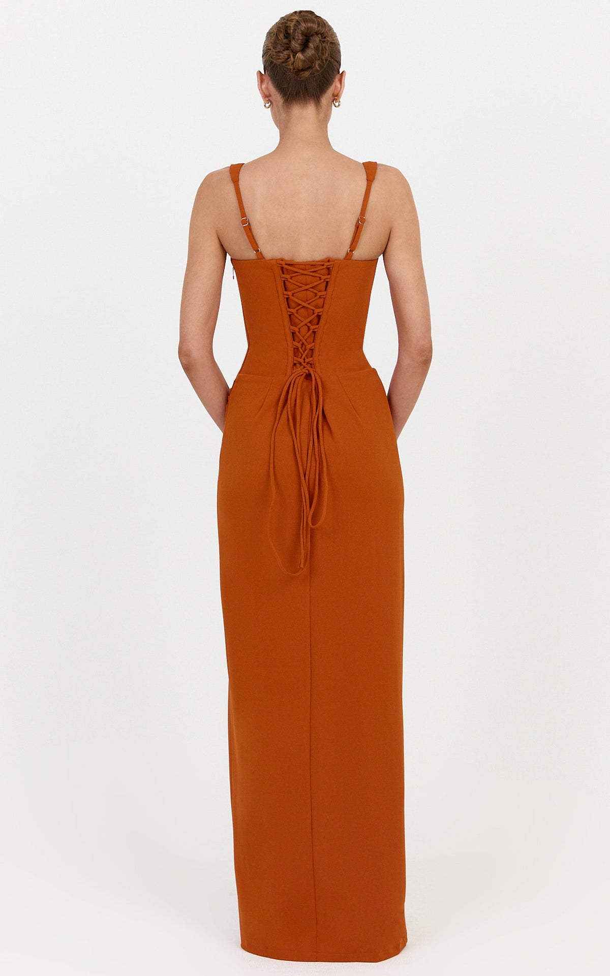 Amara Maxi Dress - Corset Bodice Lace Up Dress in Burnt Orange
