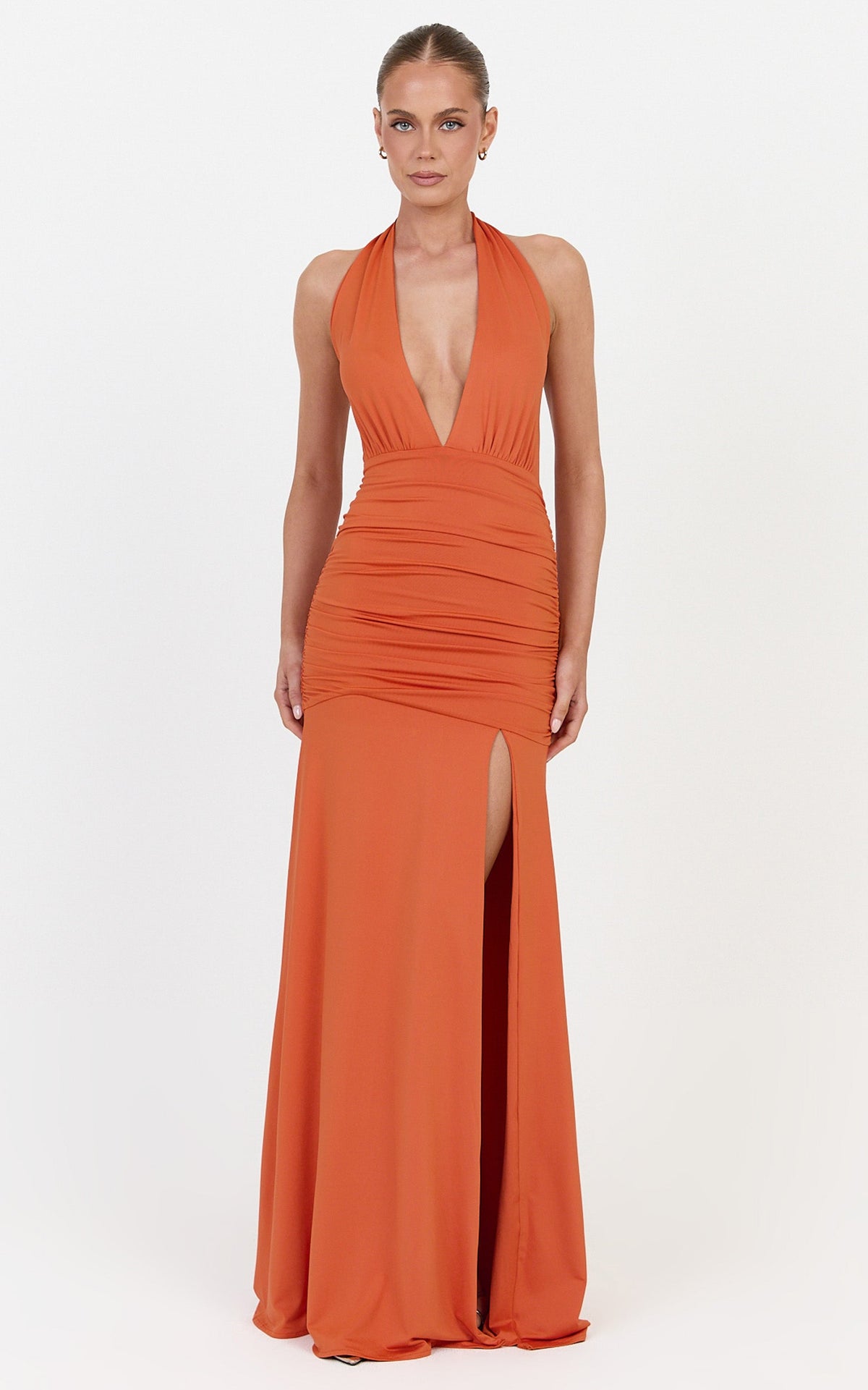 Eden Maxi Dress - Plunge Halter Neck Cut Out Bodycon Dress in Burnt Orange
