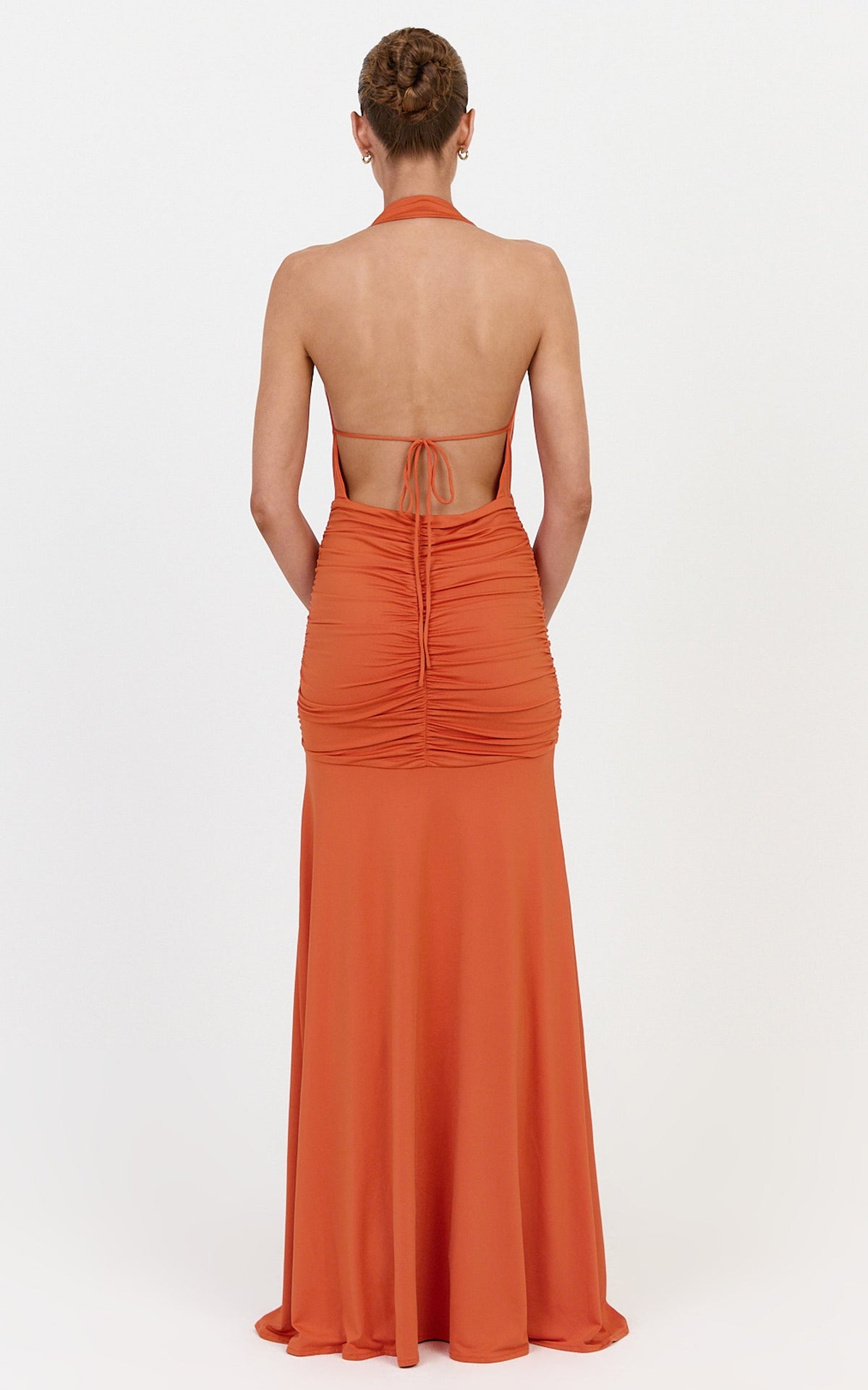 Eden Maxi Dress - Plunge Halter Neck Cut Out Bodycon Dress in Burnt Orange