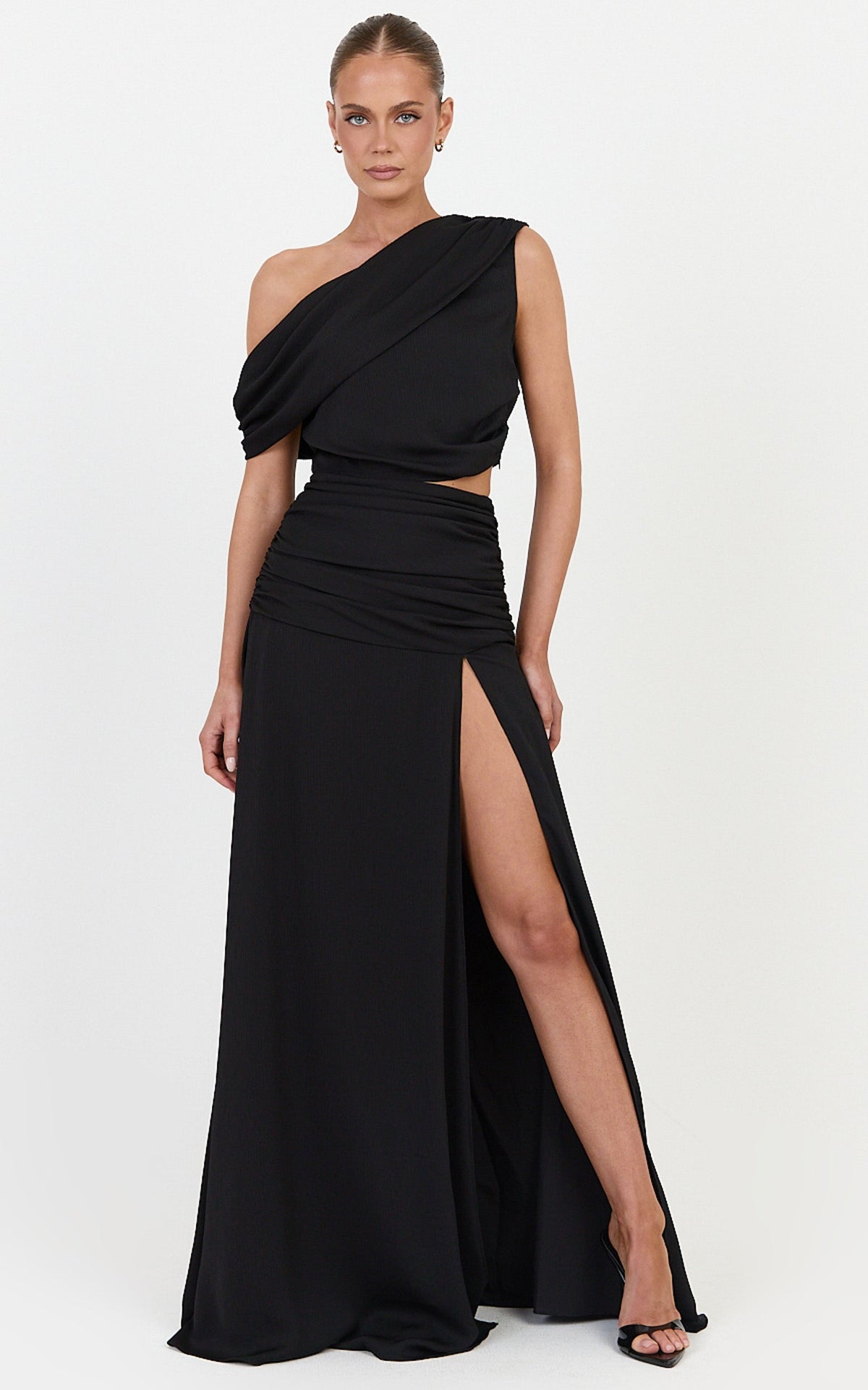 Ayla Two Piece Set - Draped Off Shoulder Top And Maxi Skirt Set in Black