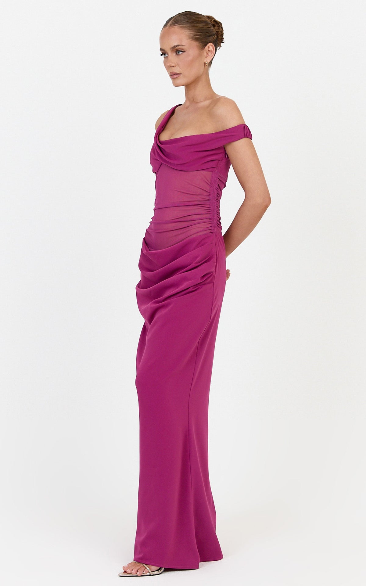 Elias Maxi Dress - Twisted One Shoulder Cowl Dropped Waist Dress in Berry