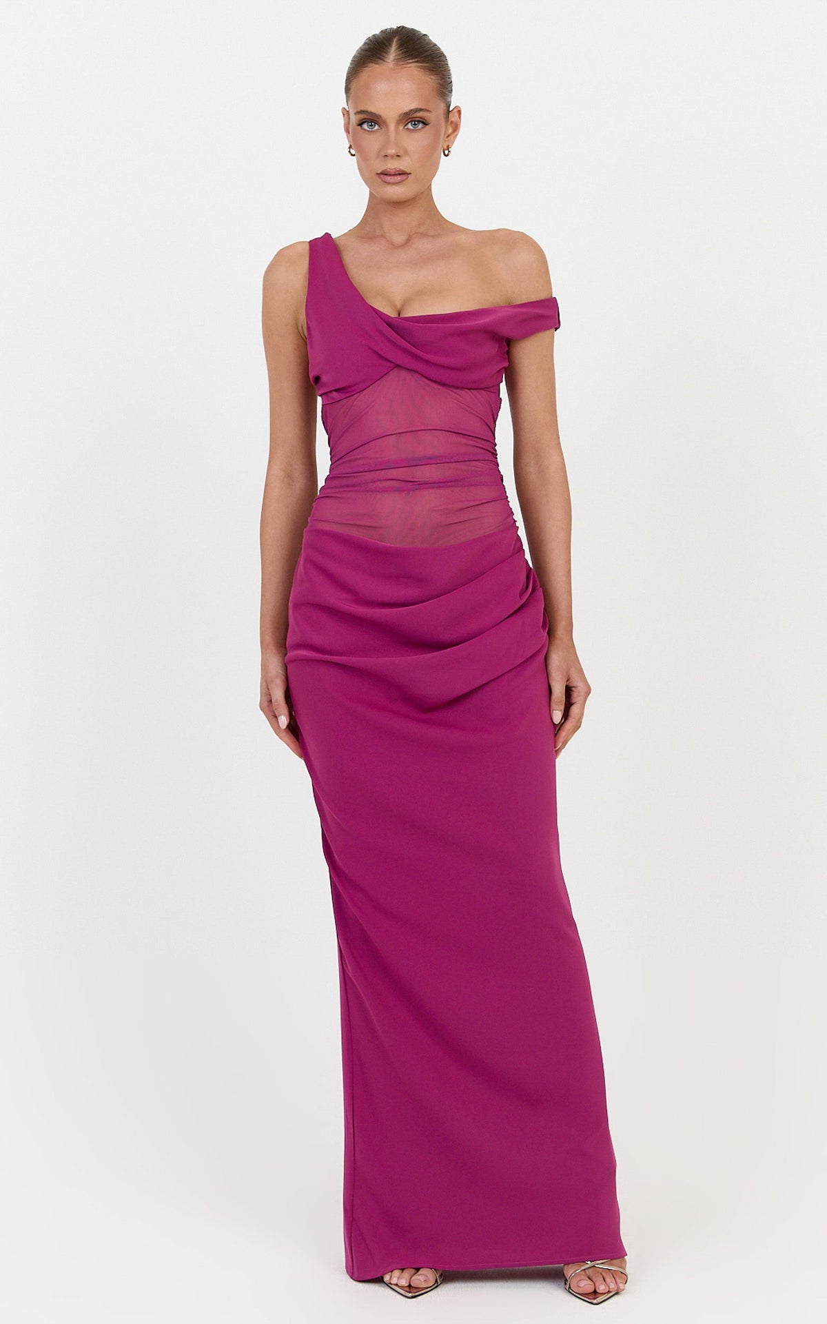 Elias Maxi Dress - Twisted One Shoulder Cowl Dropped Waist Dress in Berry