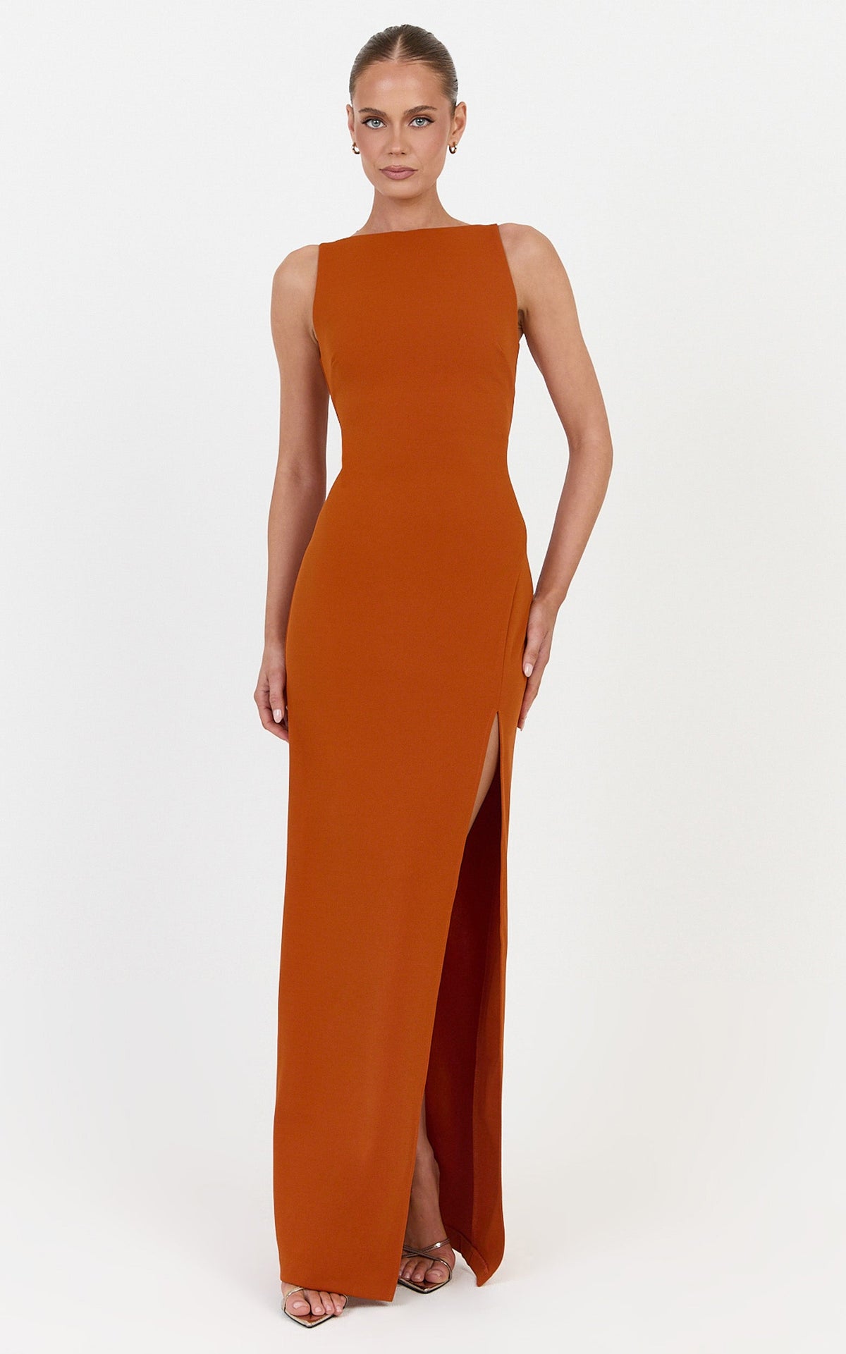 Indi Maxi Dress - Boat Neck Bodycon Dress in Burnt Orange