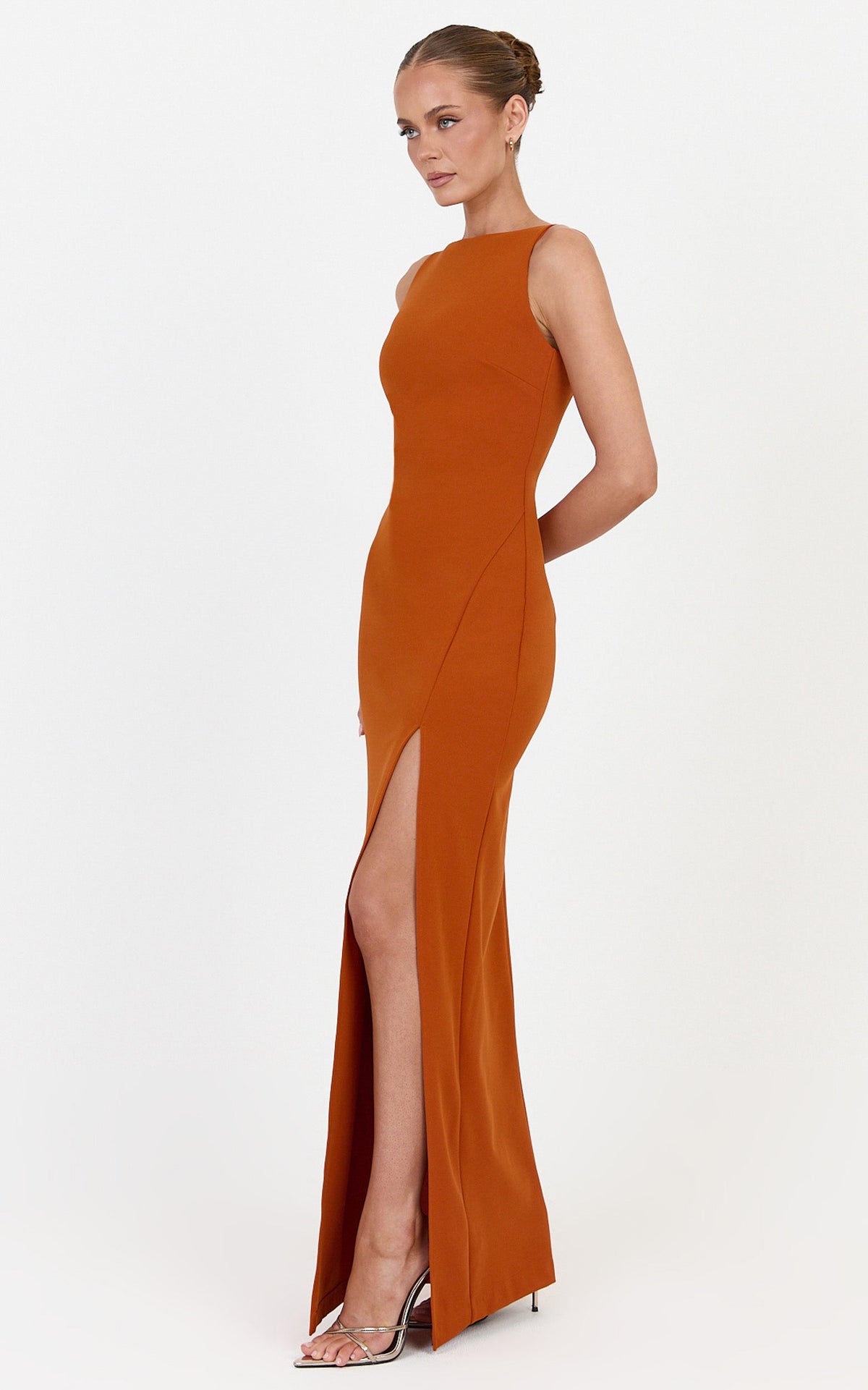 Indi Maxi Dress - Boat Neck Bodycon Dress in Burnt Orange