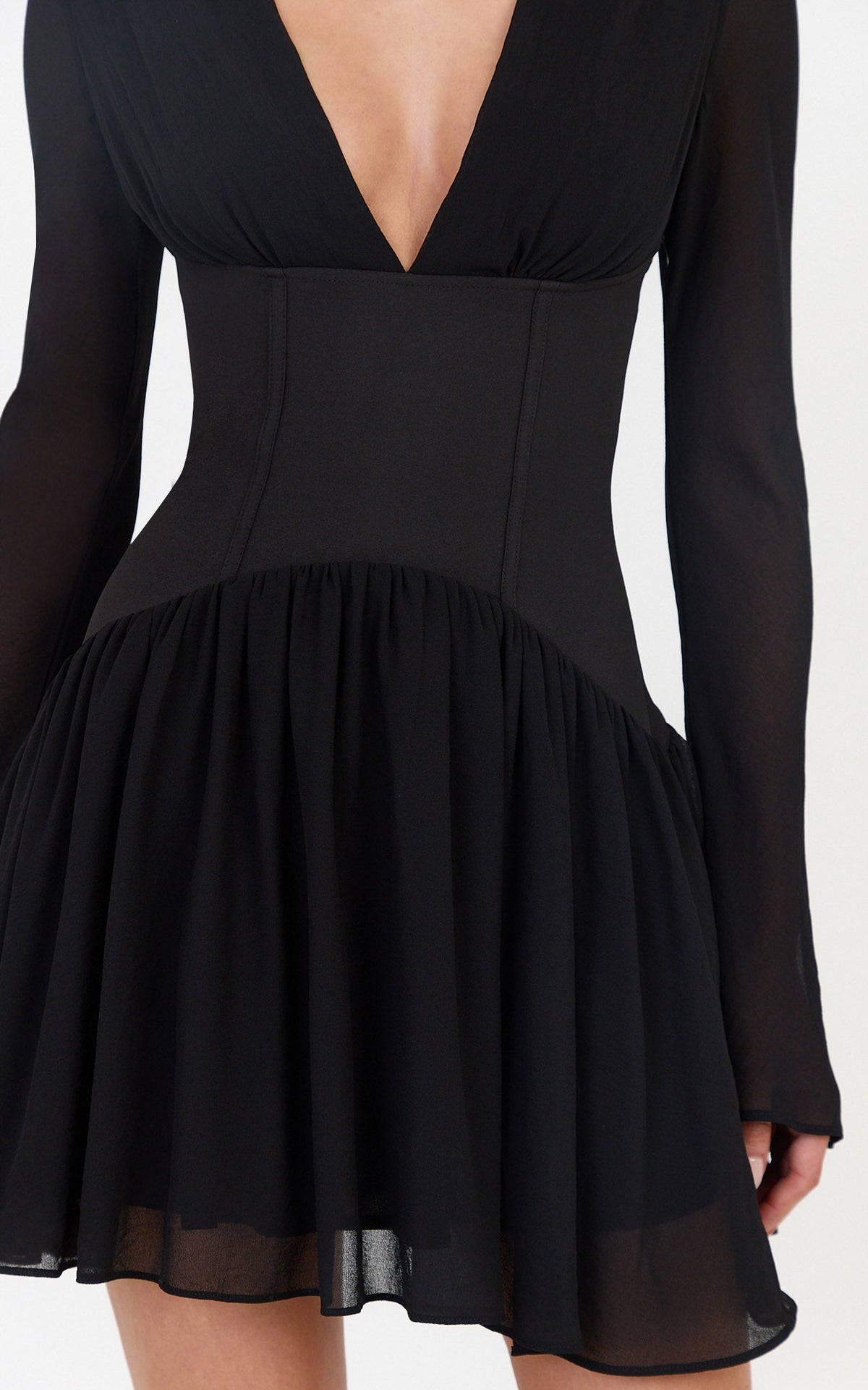 Lillian Mini Dress - Contrast Corset Flute Sleeve Dress in Black
