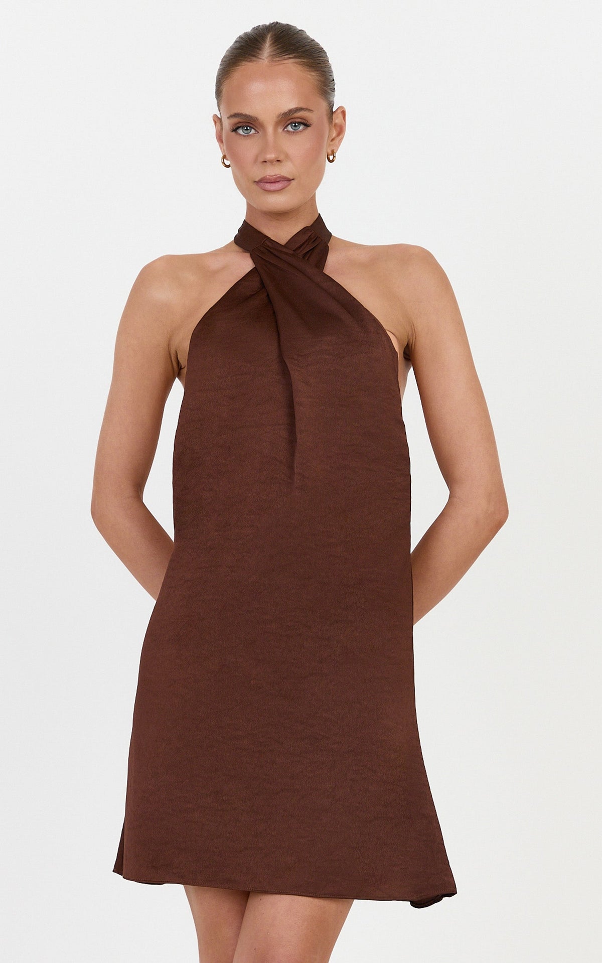 Lori Mini Dress - Halter Neck Low Back Satin Mini Dress in Chocolate