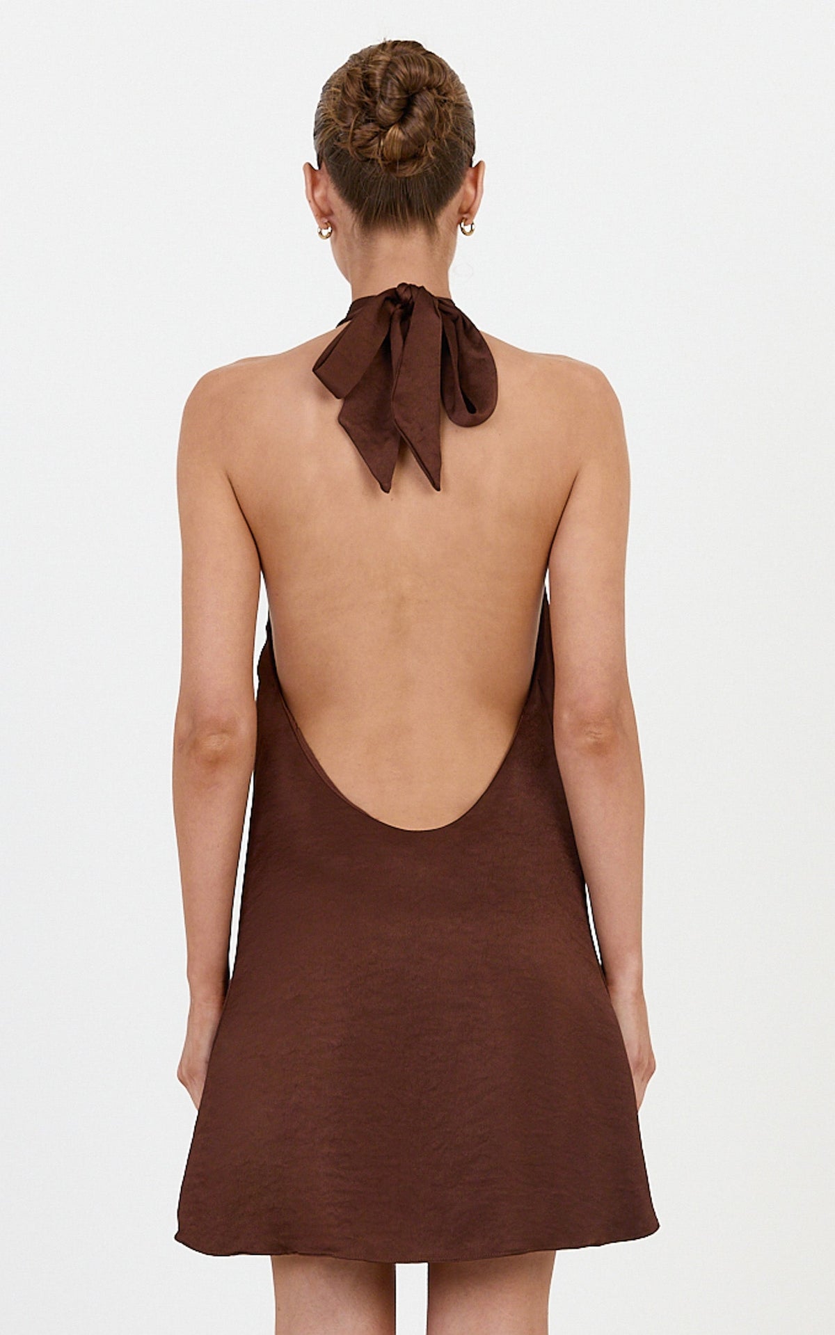 Lori Mini Dress - Halter Neck Low Back Satin Mini Dress in Chocolate
