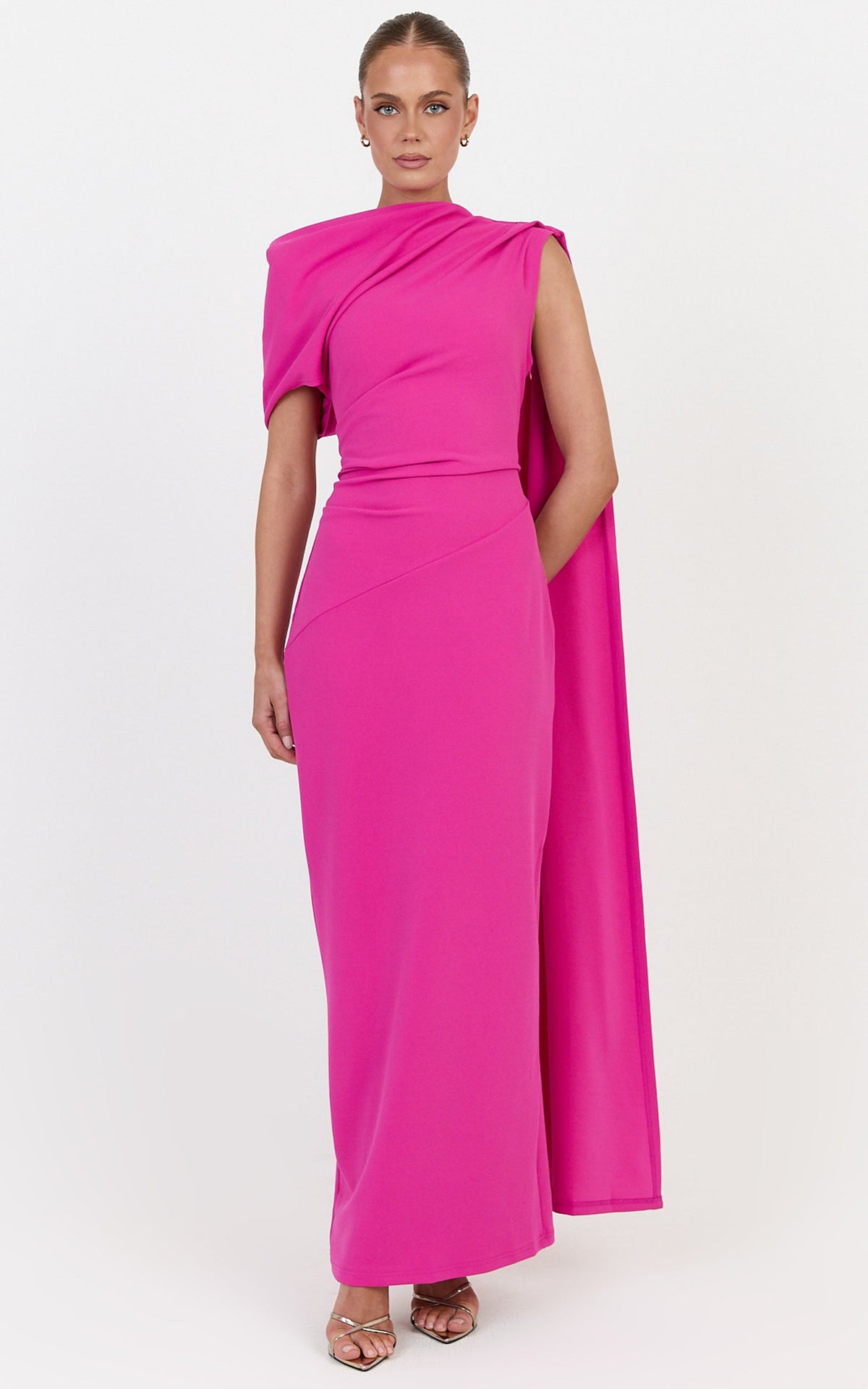 Visenta Midi Dress - Asymmetrical Sleeve Dress in Fuchsia